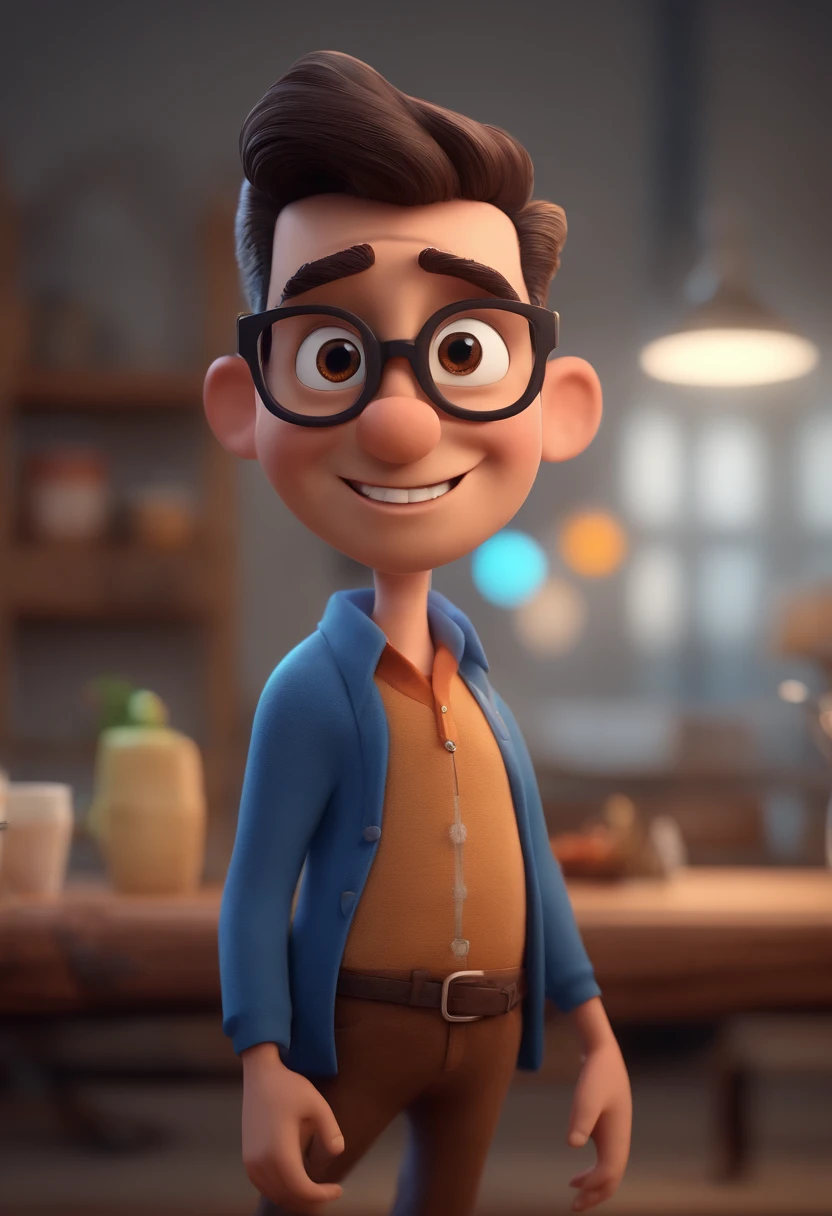 Cartoon character of a man with black glasses and a blue shirt, animation character, Caractere estilizado, animation style rendering, 3D estilizado, Arnold Maya render, 3 d render stylized, toon render keyshot, Personagem 3D, Personagem 3D, 3d rendering stylized, 3 d character render, personagem de desenho animado, Personagem de close up, Pose de personagem,  (Estilo Pixar) (master part:1.2) (Bokeh) (best quality) (pele detalhada) (textura detalhada) (8k) (argila) (Cinematic lighting) (foco nítido