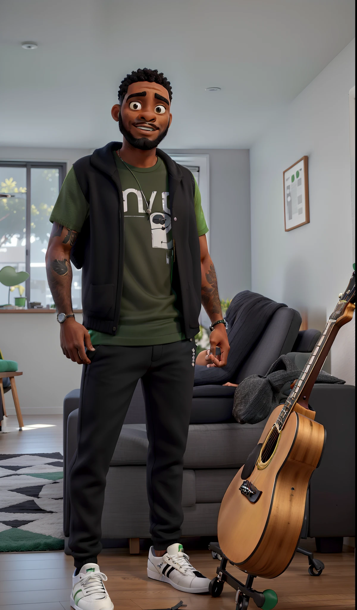 master part, best quality, um jovem com barba preta e cabelo curto preto, Wearing a green blouse and a black sweater on her shoulders and black casual pants and white adidasz sneakers , next to his guitar in the living room.