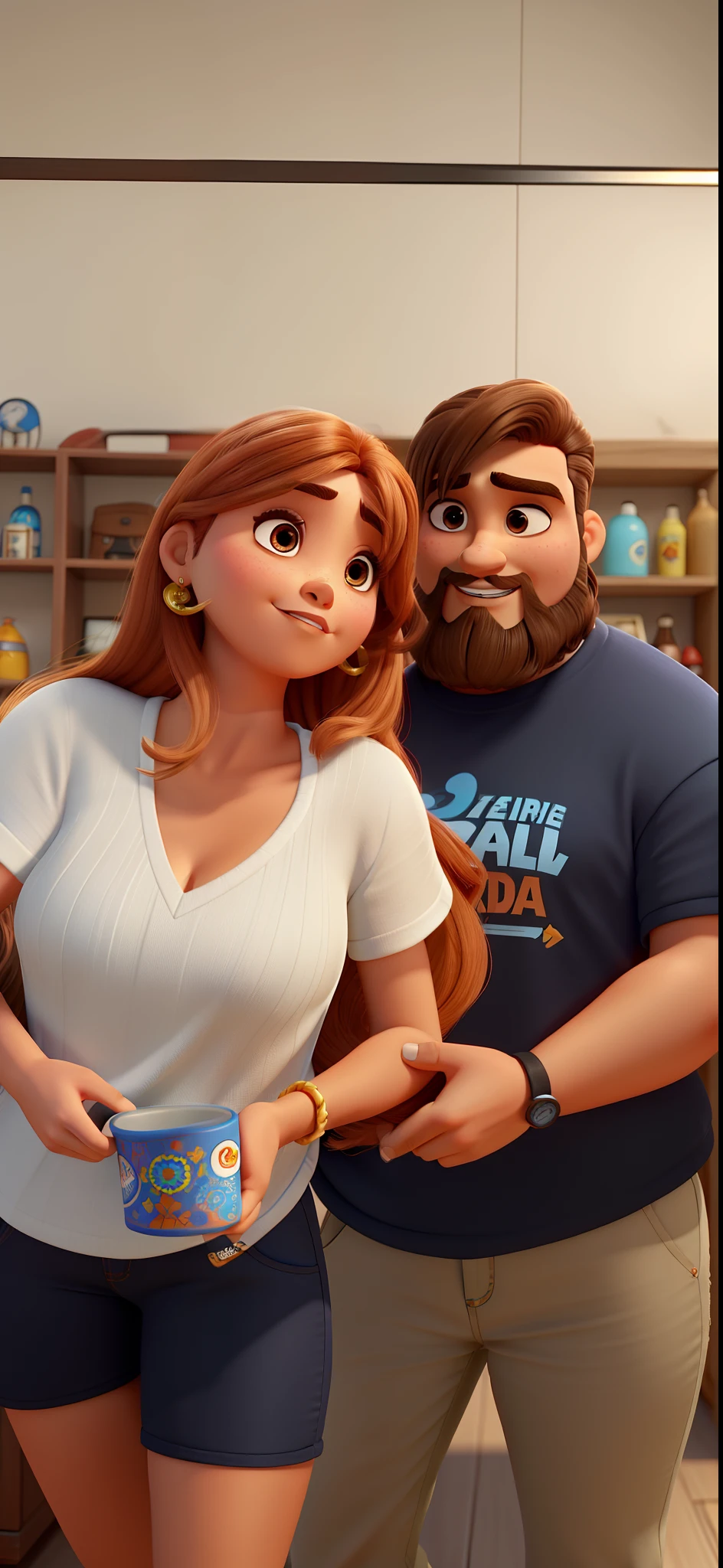 uma mulher morena de cabelos crespe encaracolados e um homem com cabelo curto, barbudo, no estilo Disney pixar, alta qualidade, melhor qualidade