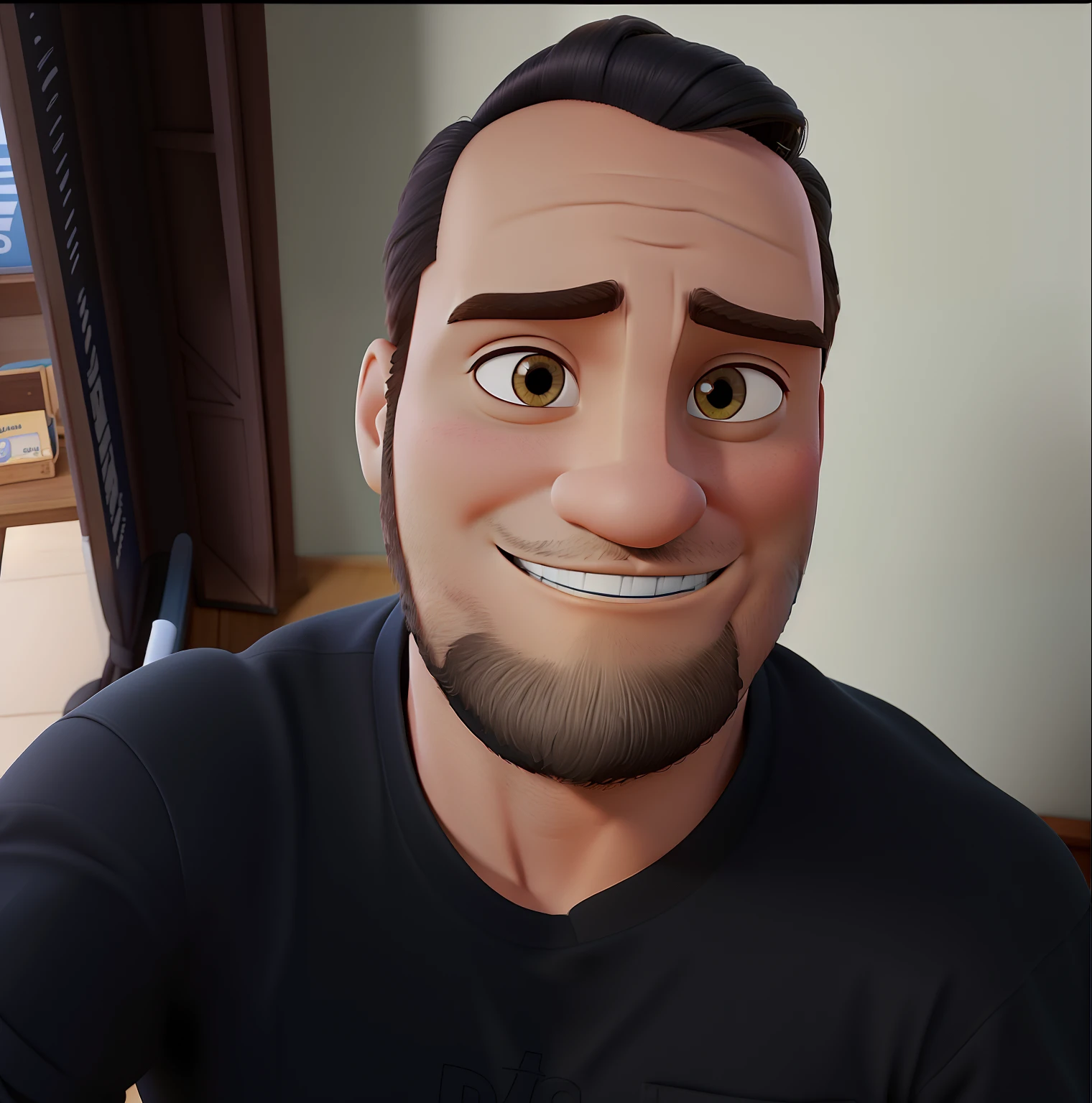 Poster no estilo Disney pixar, alta qualidade, melhor qualidade, homem sexy branco, 30 anos cabelo preto barba preta, corpo normal, com fundo em uma sala de aula cheia de alunos