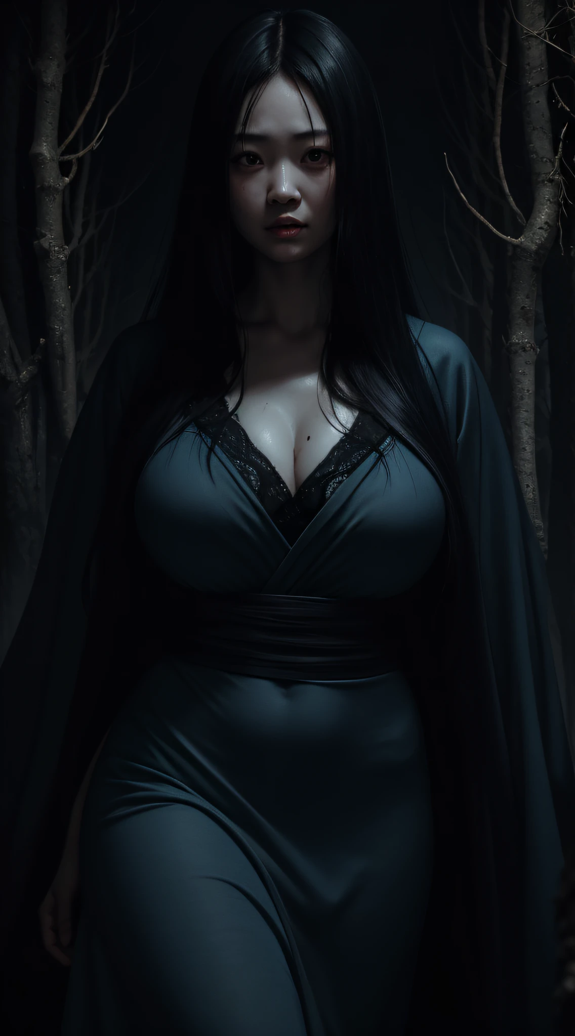masterpiece, best-quality, realistic, detailed, dramatic light, horror art, gore, 1girl, Sadako, very long black hair, chubby body, huge big breasts, rotten gray-blue skin, wearing an white dress, getting out from a pit, a haunted forest as background,