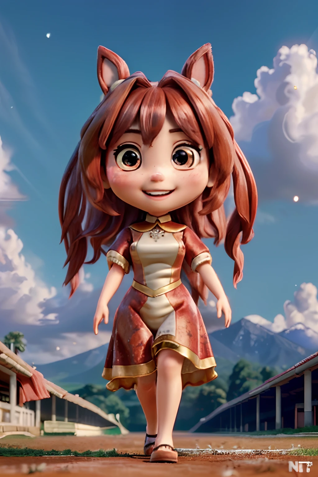 Raw photography, top-quality, masterpiece, extremely delicate and beautiful, ighly detailed, nffsw, Unity, 8K Picture Wallpaper, amazingly detail, detaile, masterpiece, top-quality, Official art, Highly detailed ticker Unity 8k wallpaper, ultra-detailliert, hight resolution, ighly detailed, Clair, Focus, (top-quality), (realisitic, Photorealsitic:1.5), 8K, Soft lighting, hightquality, lighting like a movie, 1girl in、Daiwa Scarlet、Red-brown hair、long、Red eyeball、red eyes、Big eyes、Long twintails、Very long horse ears、、、、、Running on the racetrack、huge smile、a smile