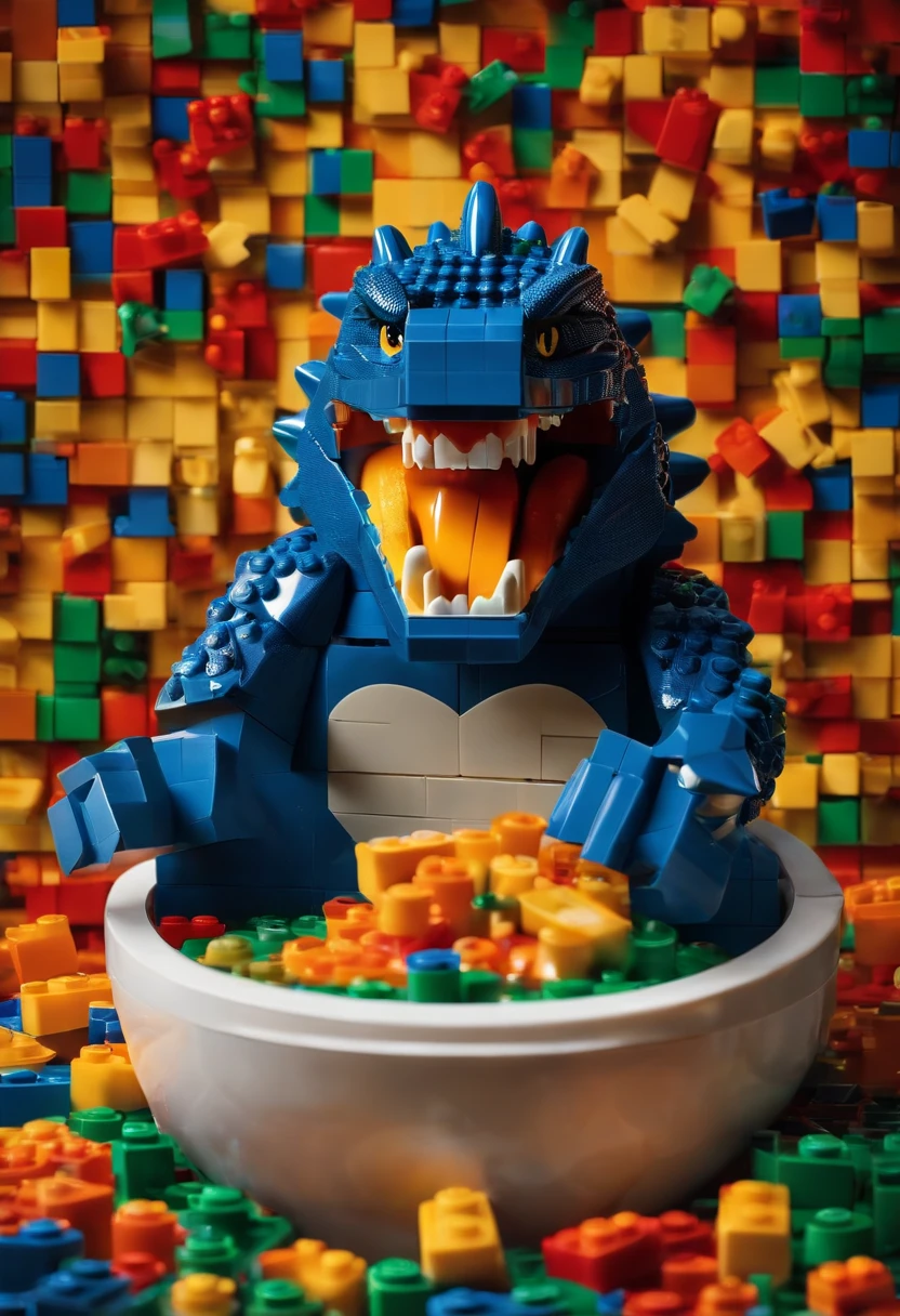 movie poster, lego style, with godzilla made of lego pieces, swimming in a pool drinking orange juice through a straw