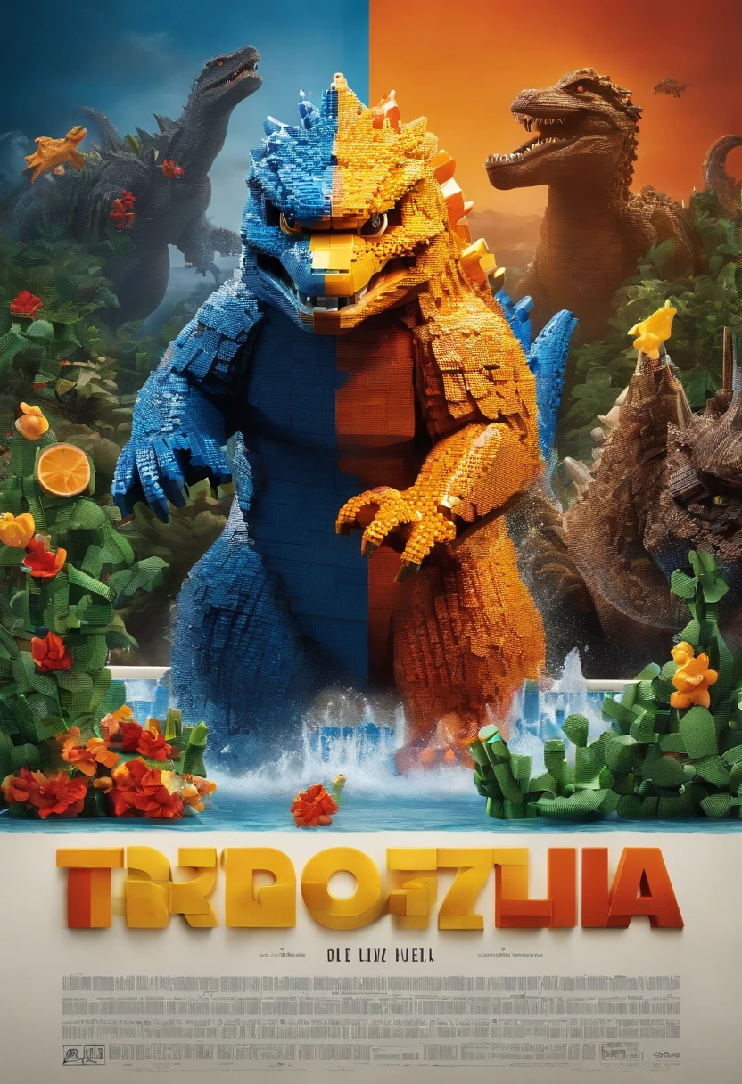 movie poster, lego style, with godzilla made of lego pieces, swimming in a pool drinking orange juice through a straw