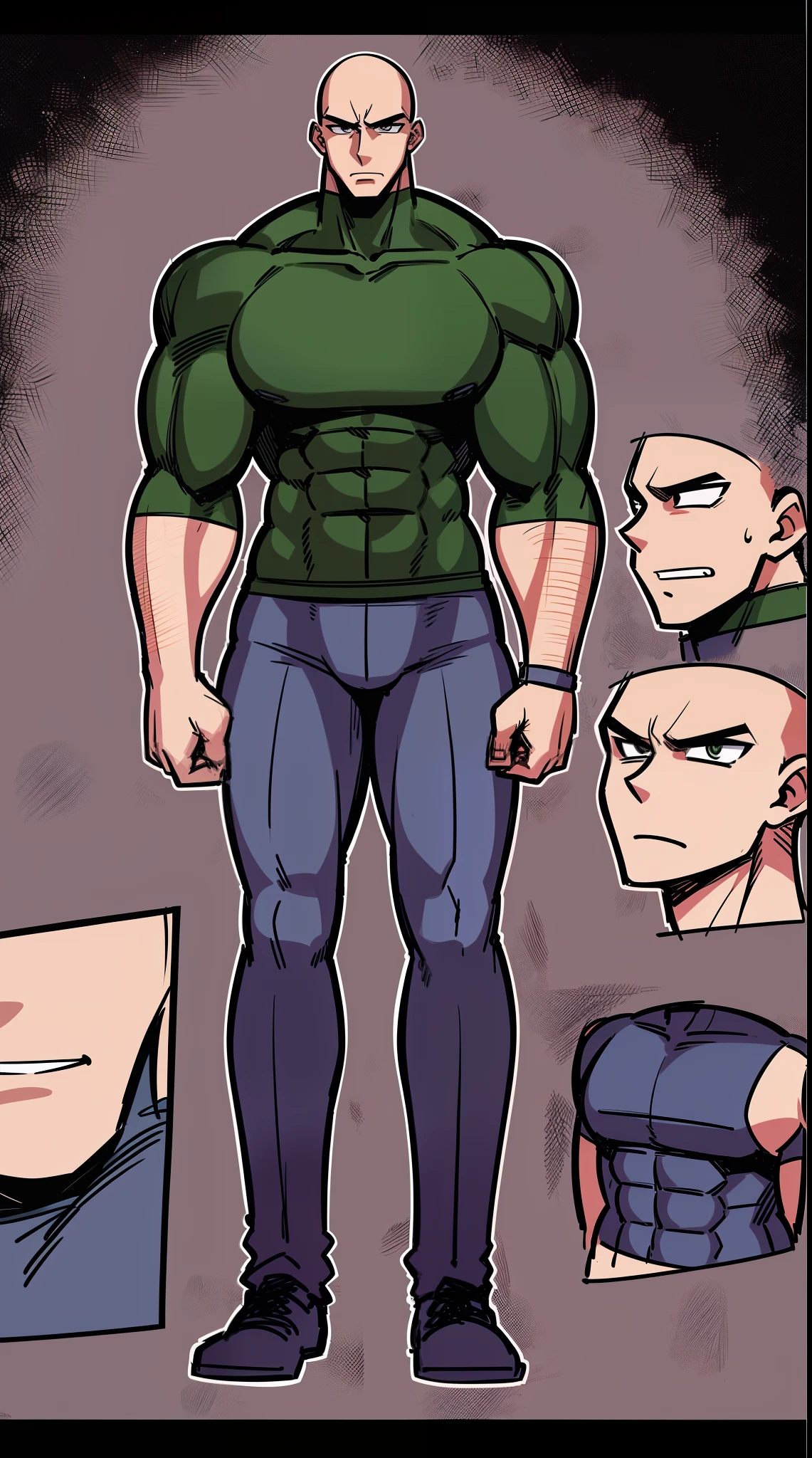 bald, tall, male, muscular, pullover, big nose, pants, bara,