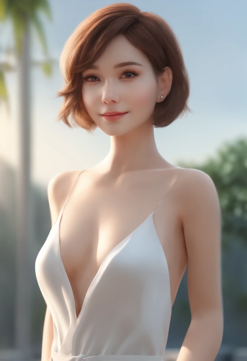 Happy cute girl with short hair, barechested, , white backgrounid, Gamine, Tom, pixer style, ....。.3D, cartoon, 详细的脸, Asymmetrical 16K