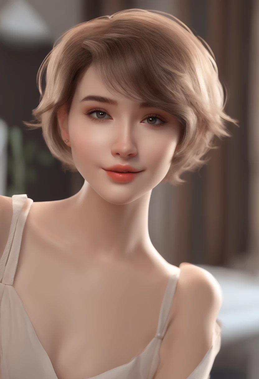 Happy cute girl with short hair, barechested, , white backgrounid, Gamine, Tom, pixer style, ....。.3D, cartoon, 详细的脸, Asymmetrical 16K