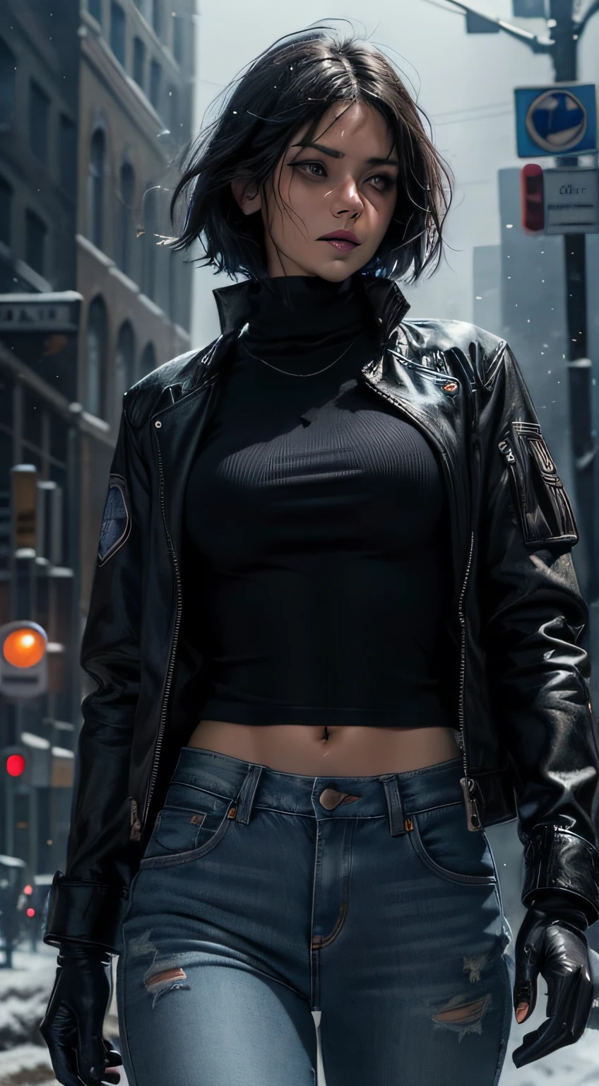 (((Comics style)))), realistic, photorealistic, cinematic, cinematic lights, dark colors, volumetric lights, reflections, dramatic, ultra detailed, modern, ((masterpiece)), close-up on face, background blurred, faint colors, beautiful, sexy woman, solo, blue eyes, short hair, black hair chanel, hair in the wind, light marks of age, crying, slim body fitness, winter jacket, jeans, sad, nobody, sad, dark city, snowing, city with snow, few lights, fog, cold, tense, cold gloves, looking at screen, sexy, beautiful, snow on the body, puddles of water, relfexos, background explosion, fire, police sirens.