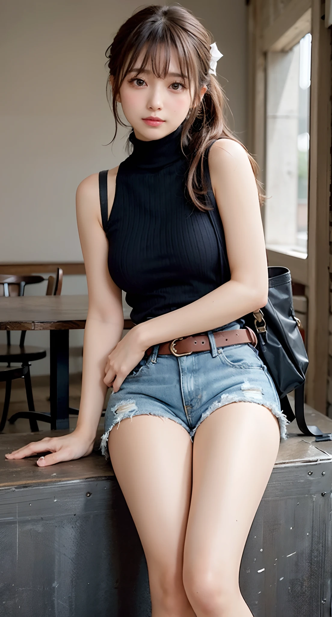 (carry a shoulder bag diagonally across the body, woman with a diagonal strap between her breasts, seatbelt effects:1.3), (((Look away,poneyTail、Stand on one leg、smil))),(((((Mock Neck Top、Sleeveless、turtle neck、Shoulder bag、sockes、espadrilles、Damaged Denim Hot Pants))))),((at the library、Reading a book))、masutepiece, 1girl in, best qualtiy, Ultra Detail, (shiny), (Small)、(((with blush cheeks,))),Ray tracing,Perfect Lighting, (milky skin:1.2),reflection,  up looking_で_viewer, blush, yellow_Eyes, Japan's cutest 28-year-old beautiful girl、Small ribbons in the hair、Contrast Legs