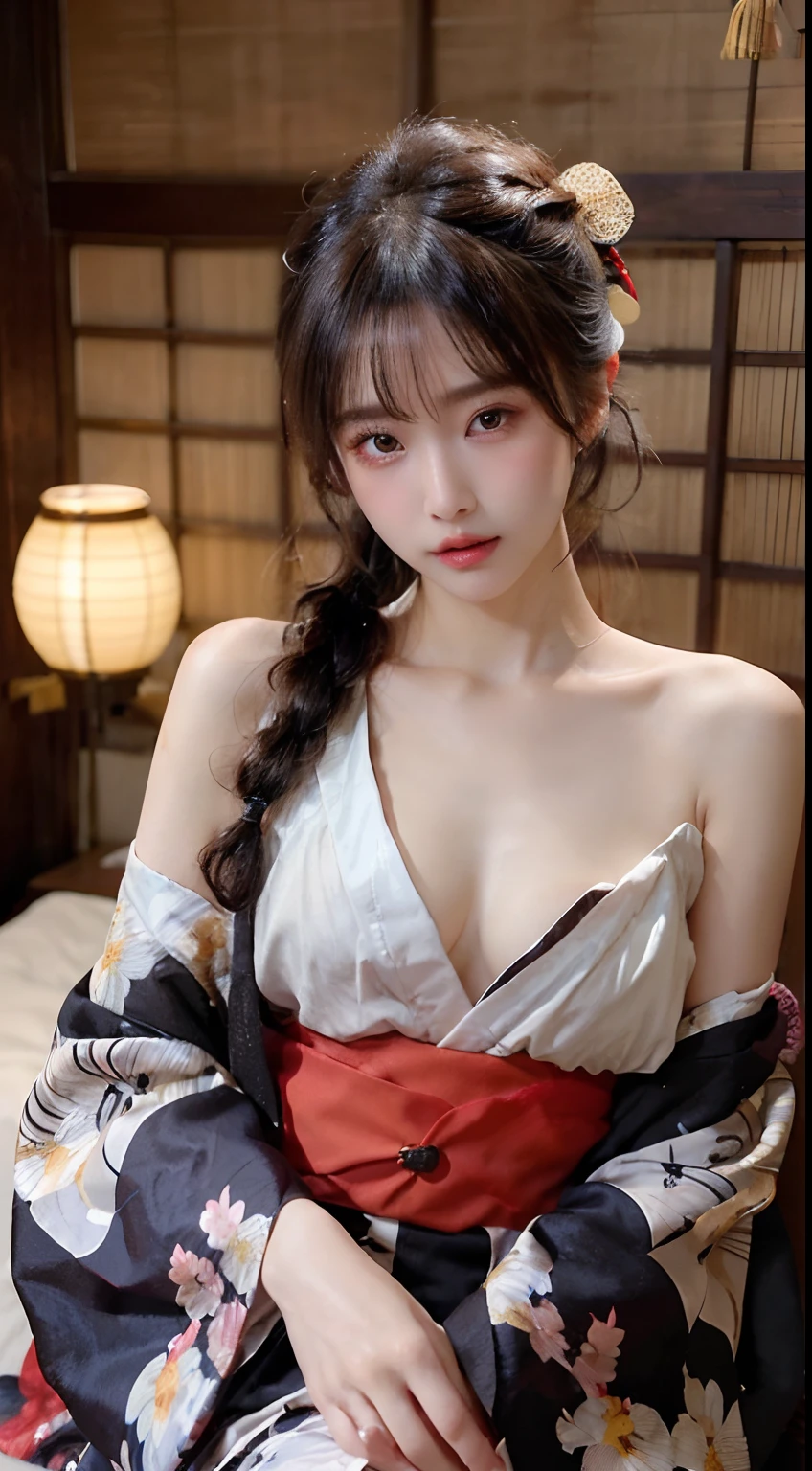 (花魁:1.4)、1girl in,Black hair fringe long hair、Braided hair、disheveled hair、Light brown eyes、(Extraordinary beauty)、(dignified expression)、(Traditional kimono with a shiny and luxurious Japan based on red:1.4)、(爆乳:1.7)、(small breasts with rounded upturn:1.7)、(Photorealsitic)、(intricate detailes:1.2)、(masterpiece、:1.3)、(top-quality:1.4)、(超A high resolution:1.2)、超A high resolution、(A detailed eye)、(detailed facial features)、Wearing kimono_Clothes、(Fantastic night:1.4)、on the bed、(Are sleeping:1.4)、(Open your legs:1.3)、Emphasis on the thighs、Emphasize the valley、(showing the shoulders:1.4)、From above