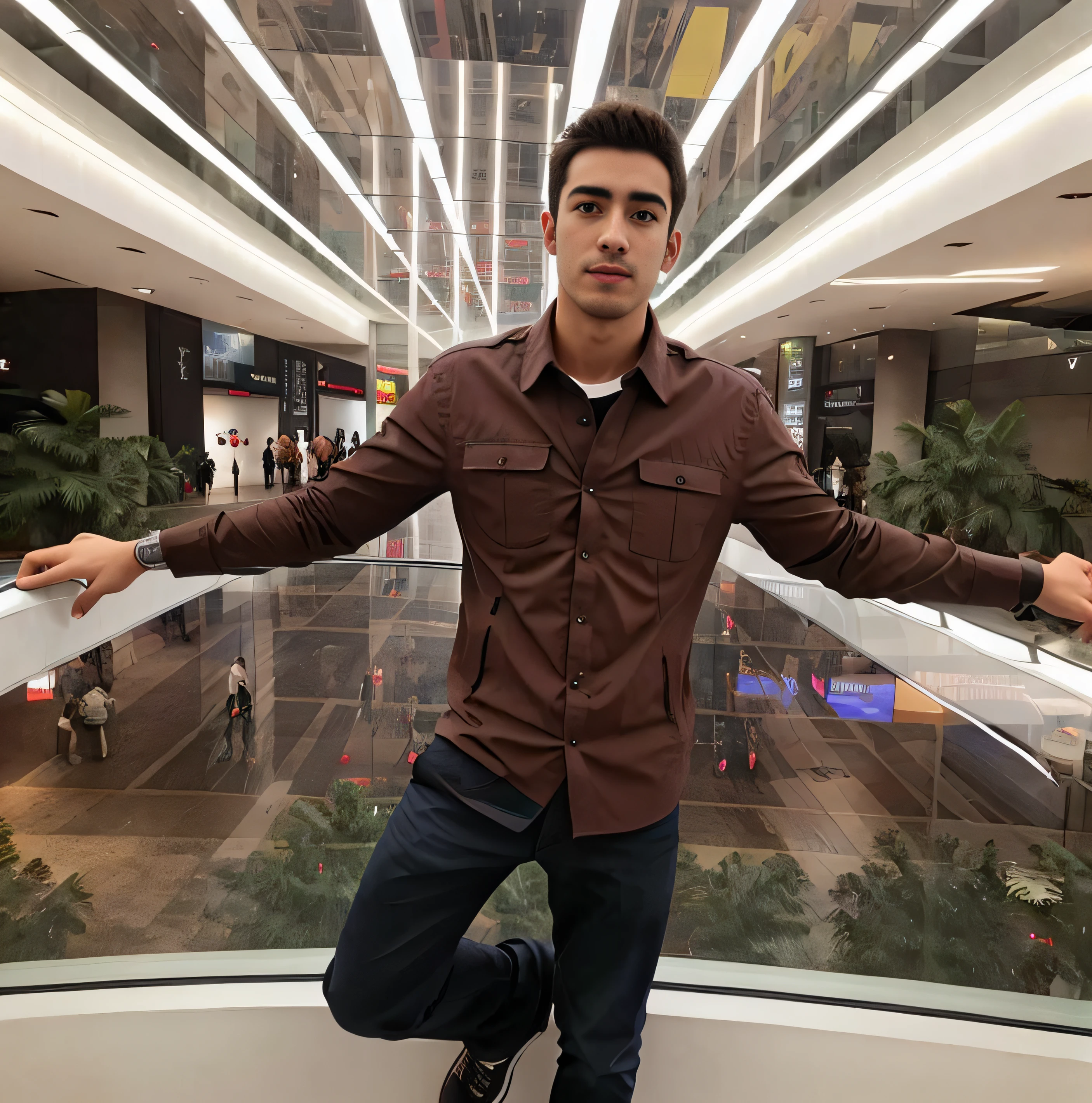 Arafed man standing on a glass platform in a shopping mall, Estilo Mohamed Chahin, aparecer em um shopping center, Mohamed Chahin, em um shopping, Alex, em um shopping, ele tem cerca de 20 anos, ele tem cerca de 2 0 anos de idade, f 1 motorista charles leclerc, mateus 9 5