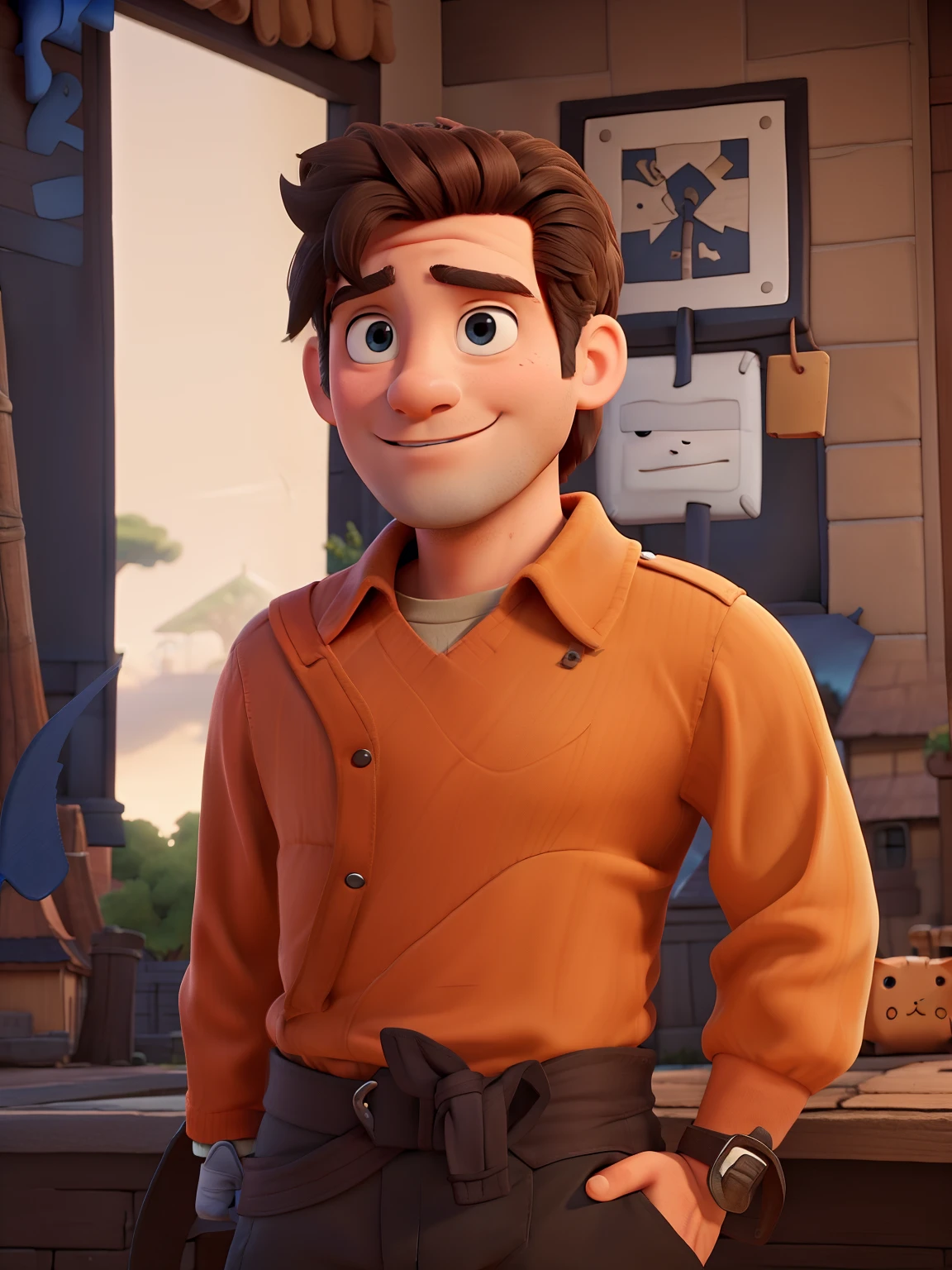 His name is steve and he's square and he's got a sword and he lives in a square world with trees and houses and square animals