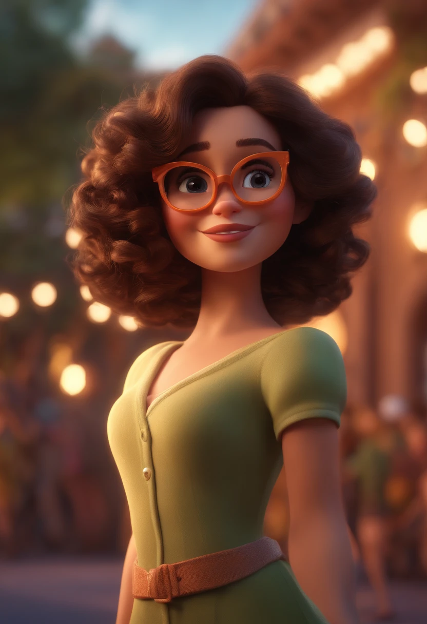 Pixar style image with 3D character white glasses brunette woman short curly hair dancing, Maquiagem Disney,Pescador, bonitinho, sorridente ,Close-up, Pixar, Disney, Cinema lighting,