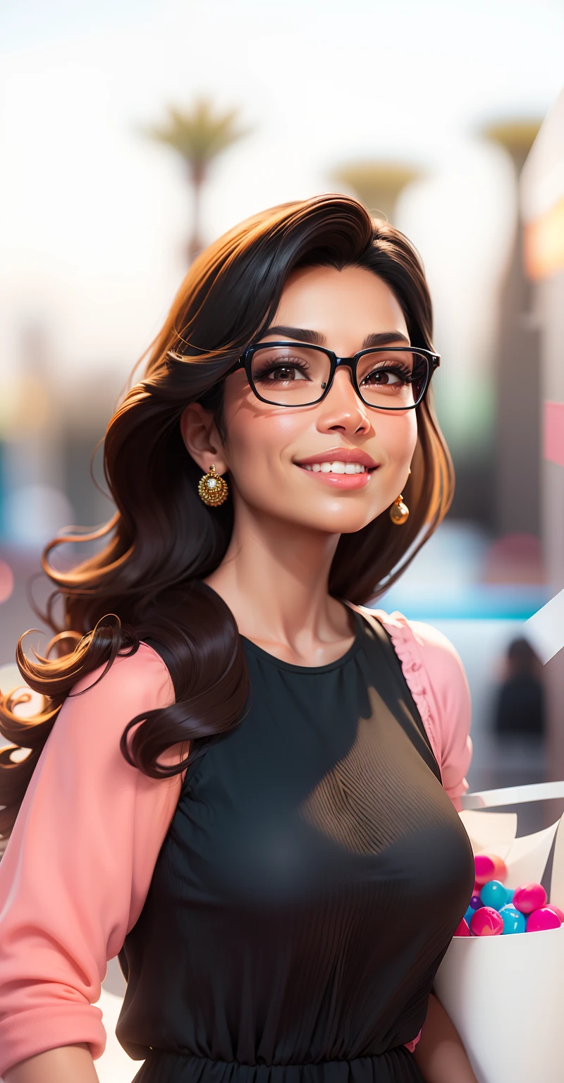 masterpiece, best quality, 3d rendering work, 3DMM style, close-up, portrait, 3D, woman 43 years old, dark skin, brown eyes, dark sunglasses, medium wavy black hair, sweet smile, 80 kg overweight, wear little black dress, gradient background. Colors Candy color, cute