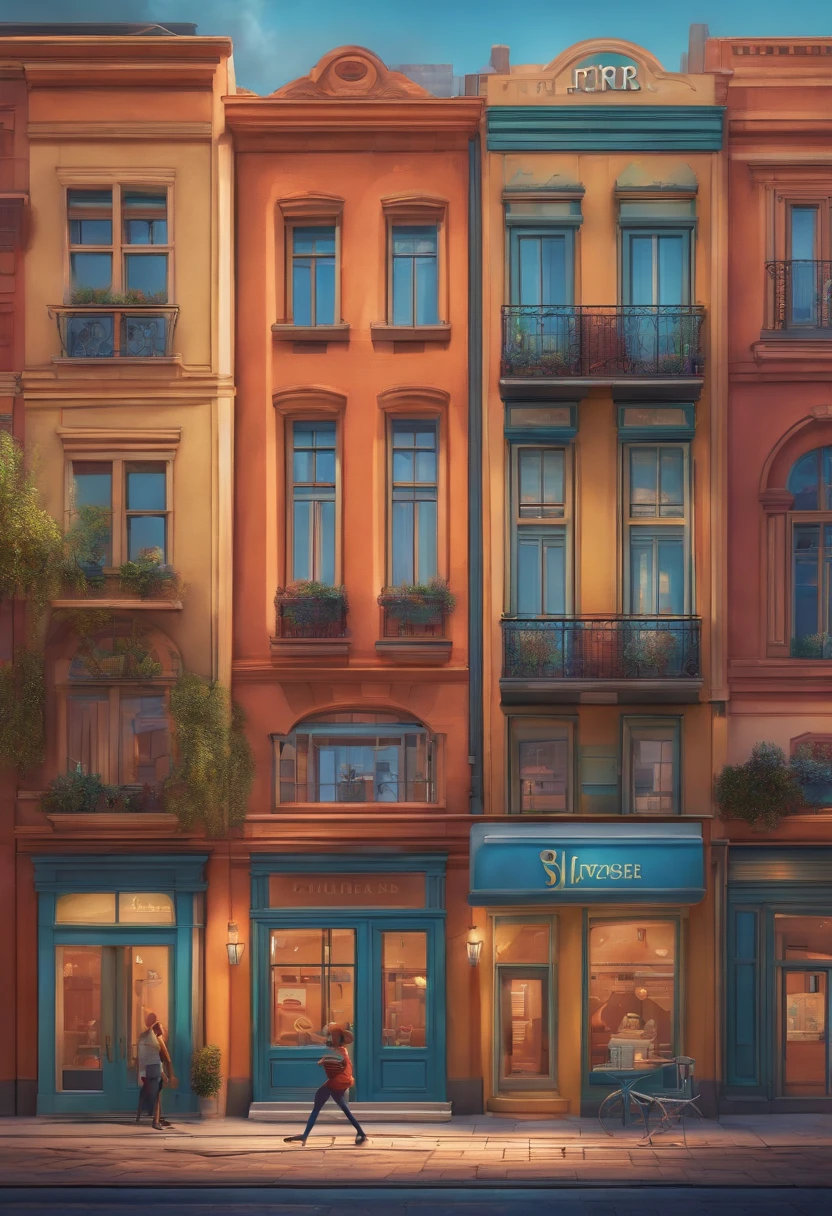 Pixar 3D-style drawing of a slimming clinic in the city center with a character in the foreground