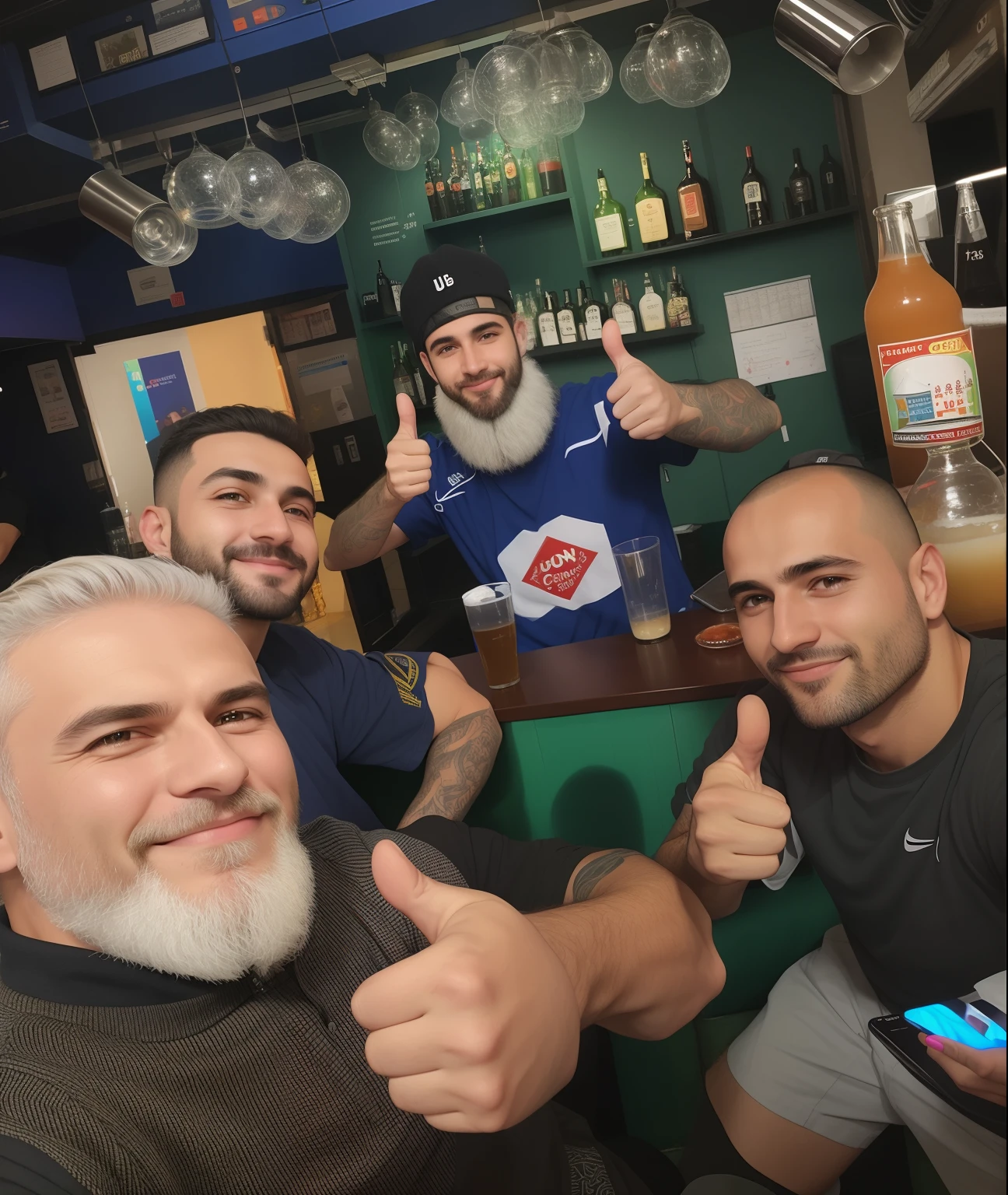 Several men are sitting at a bar with thumbs up, Directed by: Nandor Soldier, instagram post, Postagem no Reddit, por Veno Pilon, no pub, Directed by: Fernando Gerassi, uau!!!!!!, 1614572159, Capturado no iPhone, vinheta muito pesada!!!, Edon Guraziu, dessaturados!!