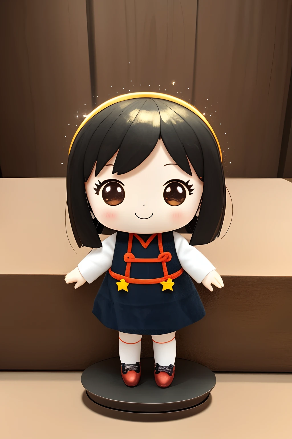 Place the small doll on a circular stand、A smile、Chibi Doll、Stars in the eyes（kirakira）、Raise your right hand、Eye Up、Long Black Hair、Laugh、Cute red shoes、Ultra Detail, radiant light、bio luminescent、Taken from the side、Stronger bokeh effect