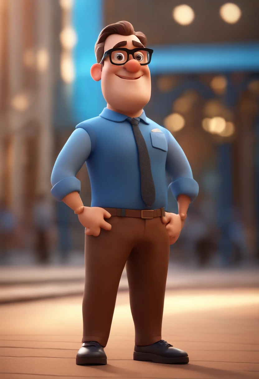 Cartoon character of a man wearing black glasses and a blue shirt, um personagem animado, Caractere estilizado, animation style rendering, 3D estilizado, Arnold Maya render, 3 d render stylized, toon render keyshot, Personagem 3D, Personagem 3D, 3d rendering stylized, 3 d character render, personagem de desenho animado, Personagem de close up, Pose de personagem, (Estilo Pixar) (master part:1.2) (Bokeh) (best quality) (pele detalhada) (textura detalhada) (8k) (argila) (Cinematic lighting) (foco nítido,Senta e vaza a parte superior do corpo