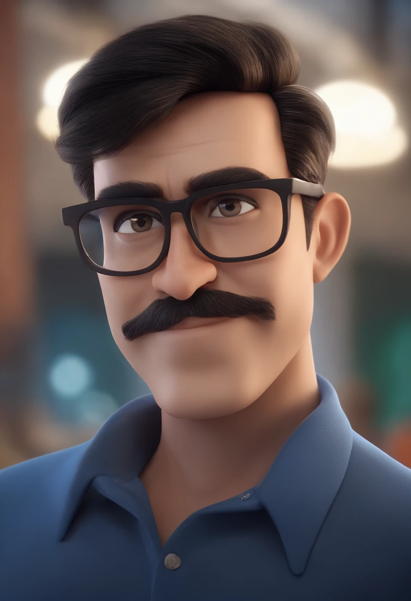 Cartoon character of a man wearing black glasses and a blue shirt, um personagem animado, Caractere estilizado, animation style rendering, 3D estilizado, Arnold Maya render, 3 d render stylized, toon render keyshot, Personagem 3D, Personagem 3D, 3d rendering stylized, 3 d character render, personagem de desenho animado, Personagem de close up, Pose de personagem, (Estilo Pixar) (master part:1.2) (Bokeh) (best quality) (pele detalhada) (textura detalhada) (8k) (argila) (Cinematic lighting) (foco nítido,Senta e vaza a parte superior do corpo