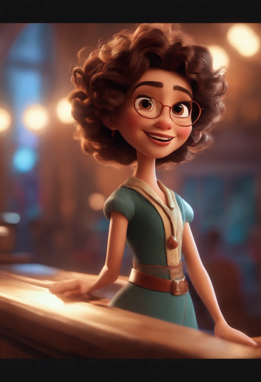 Pixar style image with 3D character white glasses brunette woman short curly hair dancing, Maquiagem Disney,Pescador, bonitinho, sorridente ,Close-up, Pixar, Disney, Cinema lighting,