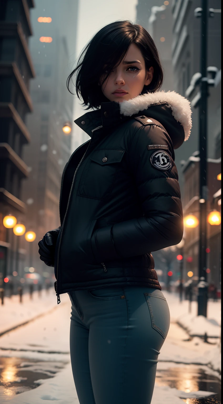 (((Comics style)))), realistic, photorealistic, cinematic, cinematic lights, dark colors, volumetric lights, reflections, dramatic, ultra detailed, modern, ((masterpiece)), close-up on face, background blurred, faint colors, beautiful, sexy woman, solo, blue eyes, short hair, black hair chanel, hair in the wind, light marks of age, crying, slim body fitness, winter jacket, jeans, sad, nobody, sad, dark city, snowing, city with snow, few lights, fog, cold, tense, cold gloves, looking at screen, sexy, beautiful, snow on the body, puddles of water, relfexos, background explosion, fire, police sirens.
