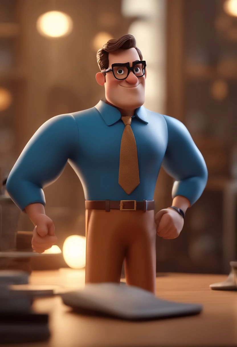 Cartoon character of a man with black glasses and a blue shirt, animation character, Caractere estilizado, animation style rendering, 3D estilizado, Arnold Maya render, 3 d render stylized, toon render keyshot, Personagem 3D, Personagem 3D, 3d rendering stylized, 3 d character render, personagem de desenho animado, Personagem de close up, Pose de personagem, (Estilo Pixar) (master part:1.2) (Bokeh) (best quality) (pele detalhada) (textura detalhada) (8k) (argila) (Cinematic lighting) (foco nítido