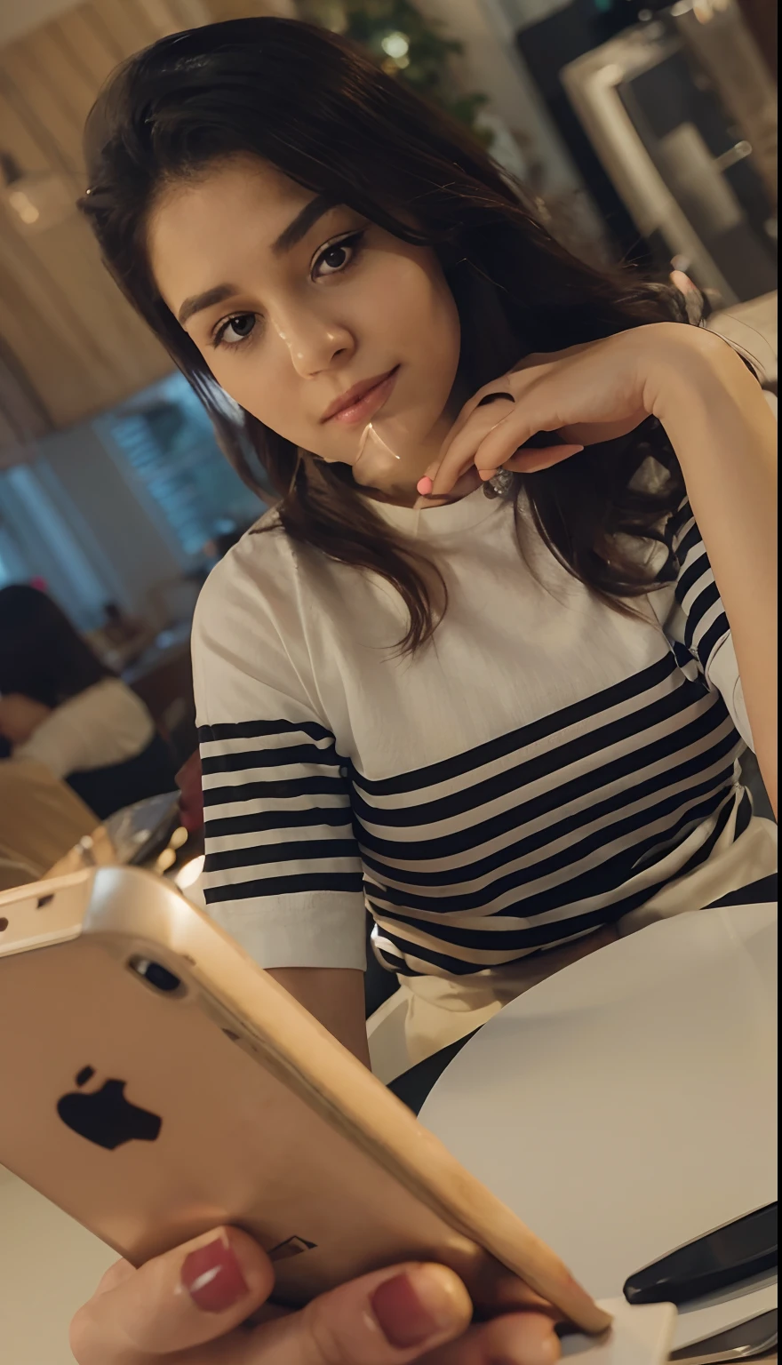 The image features a woman sitting at a dining table, holding a cell phone in her hand. She is wearing a white and black striped shirt and appears to be focused on her phone. The table has a fork and a knife placed on it, suggesting that she might have been eating or preparing to eat. The woman's handbag is also visible on the table, indicating that she might have just arrived or is about to leave.