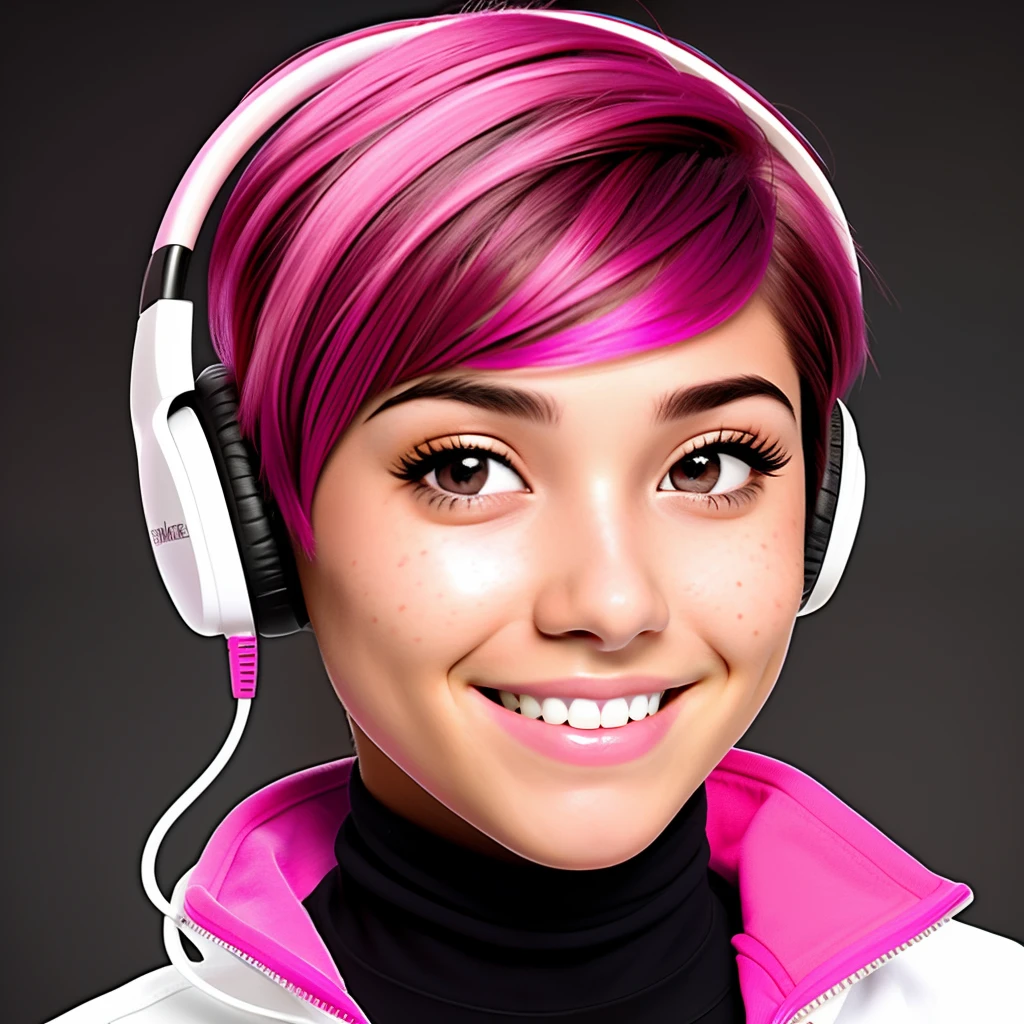 21 year old Ecuadorian woman with brown eyes, freckles, dyed short pink hair, and a smile. She wears a black turtleneck with a white lab coat and headphones around her neck.