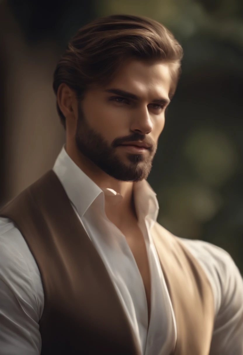 Desenhe um alto, homem encorpado com cabelos castanhos curtos e barba raspada.(extremamente detalhado CG unidade 8k papel de parede),(master part), (best quality), (ultra-detalhado), (best illustration),(Melhor sombra), fundo do quarto, Standing, best quality, master part, Ultra high resolution (fotorrealista:1.4), arma, Rosto detalhado, 1 homem, sozinho (Magical Circle: 1.2), parte superior do corpo, Beautiful, corpo inteiro, Arquitetura indiana, bainha, arquitetura, Character standing with straight arm, Cabelos escuros (neck-length hair tied in a ponytail), nice pose, homem bonito, cara bonita, caucasiana, Rosto indiano com barba, real, pose elegante, Businessman (em um blazer listrado), (The surrounding environment is a luxurious and classic living room.) (imagem em tom de areia)