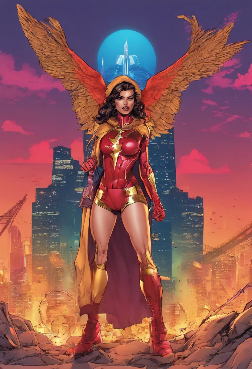 (mulher-maravilha,supeoutfit),belos olhos detalhados,beautiful detailed lips,long eyeslashes,confiante,forte,atletic,corpo,heroine,cabo,indomitable,superstrength,voador,Capacitar,feroz,Superheroíne,corajoso,Tiara dourada,Pose forte,saia azul,Top vermelho e dourado,cores vibrantes,Comic book style,desenho a tinta digital,sombra e luz,heroic,escudo,Super poderes,Postura forte,vigilante,fundo da paisagem urbana,action-packed,parafusos de energia,iconic,velocidade sobre-humana,Inspirador,Poderoso,best quality,ultra-detalhado,fotorrealista,vivid colors