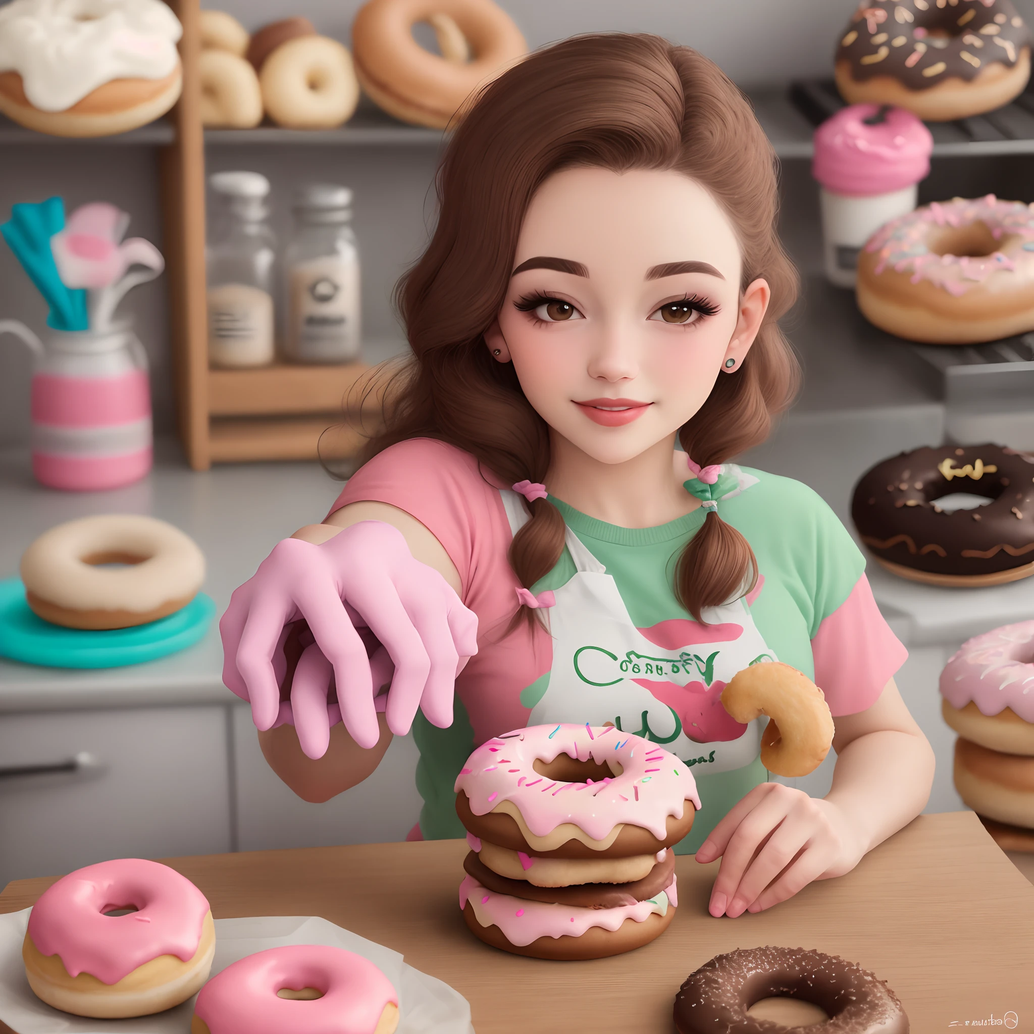 Mulher confeiteira branca de cabelo na corbcastanho escuro, fazendo Donuts, no fundo uma cozinha branca e rosa com um logo Lelly