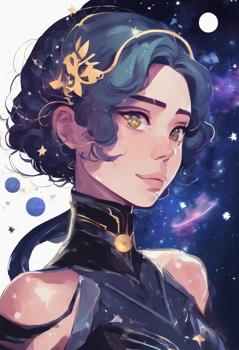 cartoon girl with a halo and a black dress, concept art inspired by Yuki Ogura, tumblr, digital art, anime girl with cosmic hair, girl in space, cosmic girl, galactic sized goddess, anime girl wearing a black dress, madeline from celeste, in a space starry, wearing a dress made of stars, space molly, full body portrait of a short!
