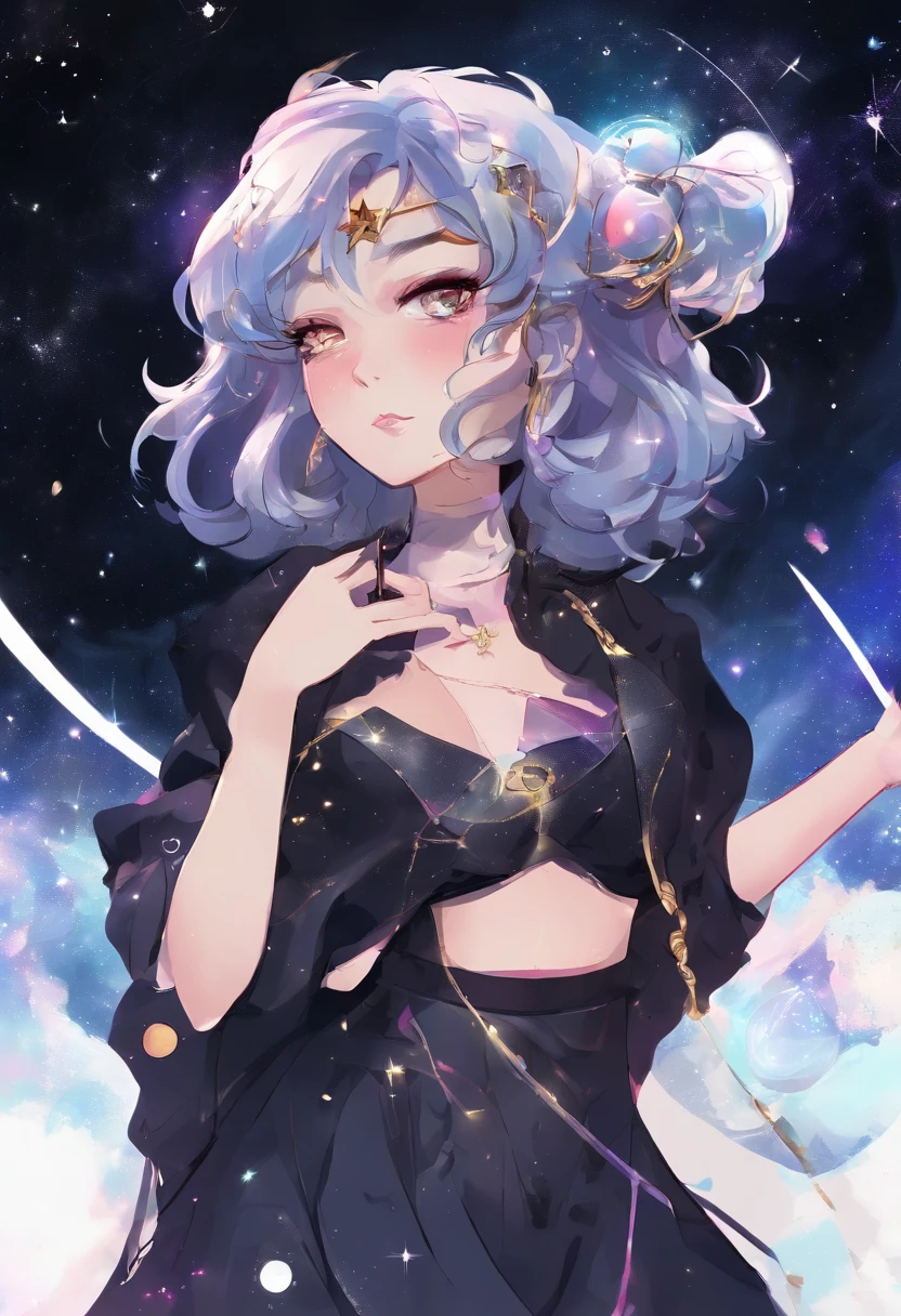 cartoon girl with a halo and a black dress, concept art inspired by Yuki Ogura, tumblr, digital art, anime girl with cosmic hair, girl in space, cosmic girl, galactic sized goddess, anime girl wearing a black dress, madeline from celeste, in a space starry, wearing a dress made of stars, space molly, full body portrait of a short!
