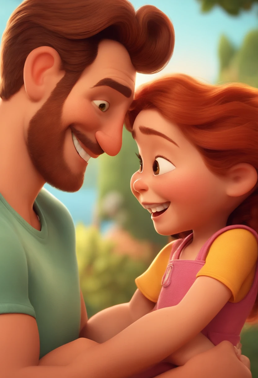 Um homem de 30 anos, com corpo malhado, segurando sua filha ruiva de 2 anos no colo, sorriso contagiante, estilo pixar,