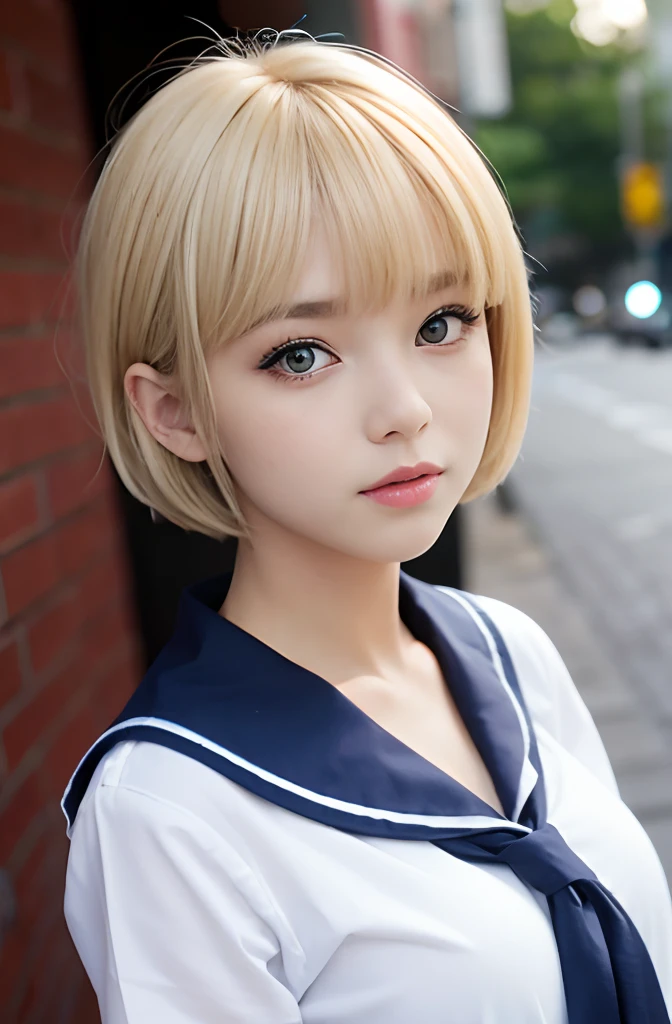 A school girl,16 year old,(blonde short hair),(bangs bangs),pretty face,sailor suit
