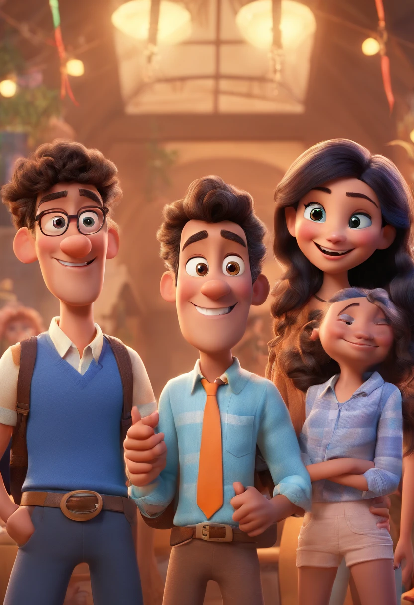 Pai e filha jovens, A father in sunglasses holds his son with cheerful face and open mouth, Wearing an orange sweater and black pants, The two hands of the father holding a daughter who is wearing a blue purse, The girl's hands pointing forward, short hair, um rosto alegre e uma boca aberta, 3D Animation Movie Poster, Poster de filme animado, pixar 3 d animation style, pixar renderman rendering, maia 8 mil, animated film, Disney Pixar Estilo 3D, amigos felizes saem juntos, all wearing light blue shirts and cream brown long pants, camisa azul clara, cream brown pants, ao ar livre, vacation, Disney Pixar Animation Poster
