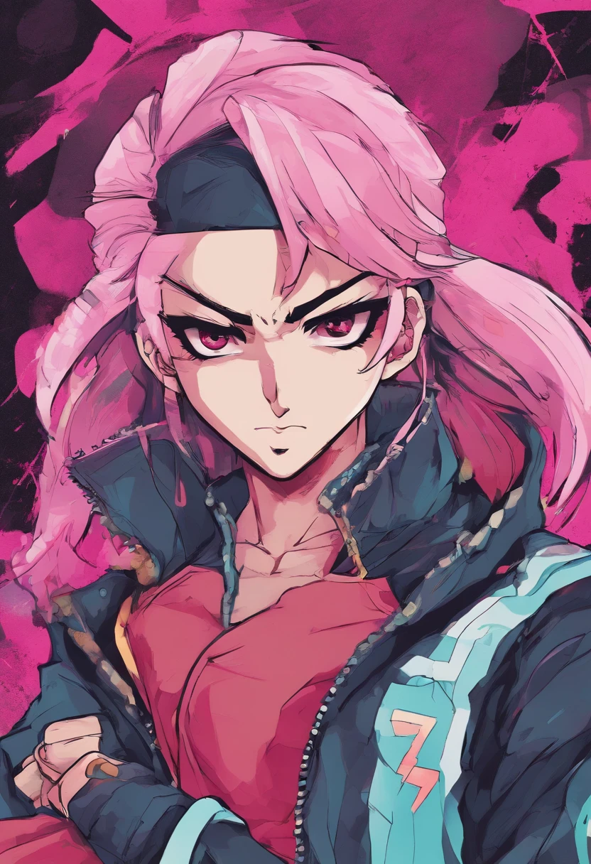 cara de pele morena com um corte de cabelo curto vermelho usando jaqueta preta e fones de ouvido, aquamarine eyes, Gatilho Estilo de Arte de Anime, [[[[sorrindo malvado]]]], retrato de ((travesso)), , personagem de anime masculino, jovem homem de anime, cara de anime alto com olhos rosa rosa, luvas sem dedos, [[[Jaqueta de motociclista]]], Urban streets with graffiti on walls, fundo do beco