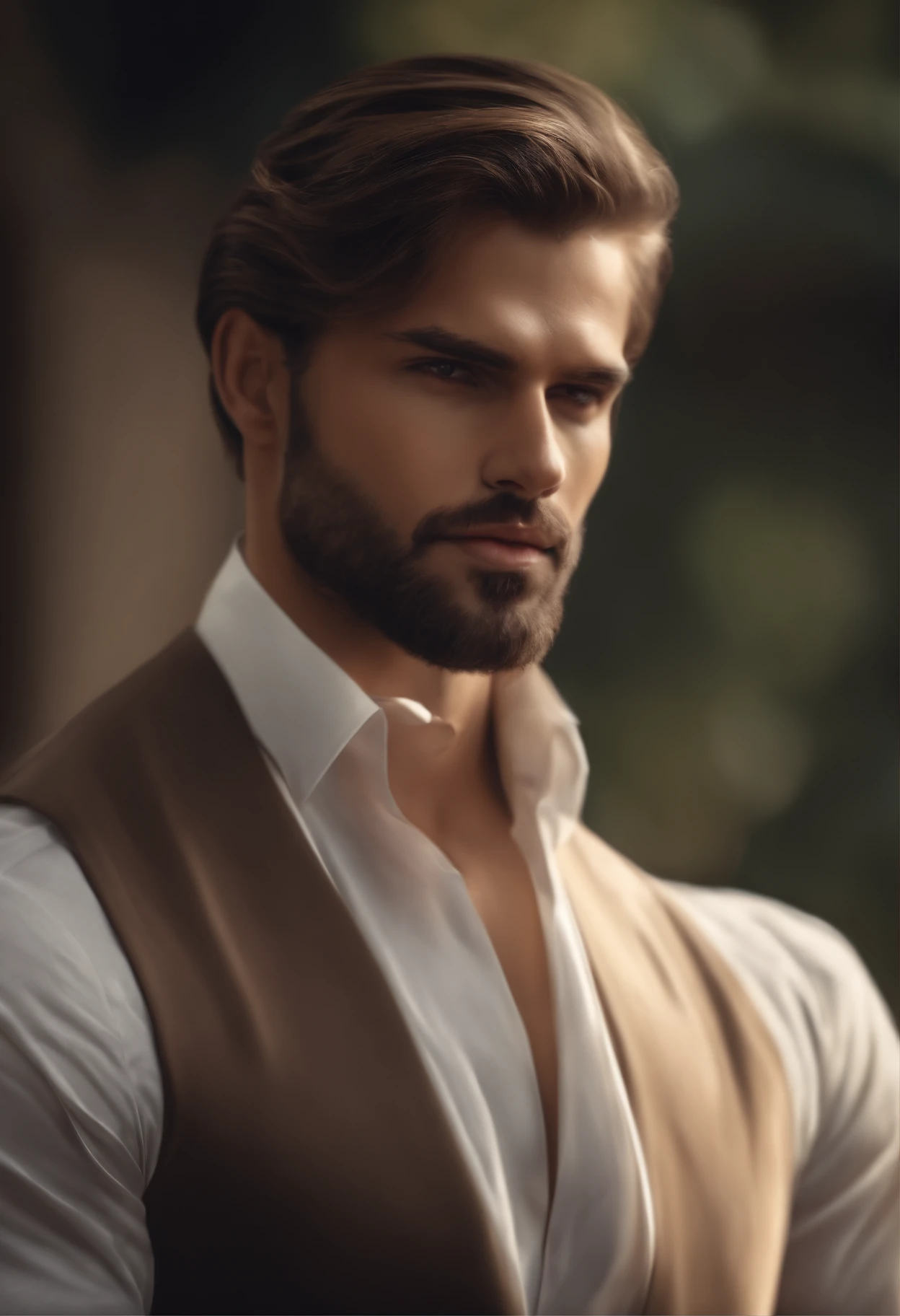 Desenhe um alto, homem encorpado com cabelos castanhos curtos e barba raspada.(extremamente detalhado CG unidade 8k papel de parede),(master part), (best quality), (ultra-detalhado), (best illustration),(Melhor sombra), fundo do quarto, Standing, best quality, master part, Ultra high resolution (fotorrealista:1.4), arma, Rosto detalhado, 1 homem, sozinho (Magical Circle: 1.2), parte superior do corpo, Beautiful, corpo inteiro, Arquitetura indiana, bainha, arquitetura, Character standing with straight arm, Cabelos escuros (neck-length hair tied in a ponytail), nice pose, homem bonito, cara bonita, caucasiana, Rosto indiano com barba, real, pose elegante, Businessman (em um blazer listrado), (The surrounding environment is a luxurious and classic living room.) (imagem em tom de areia)