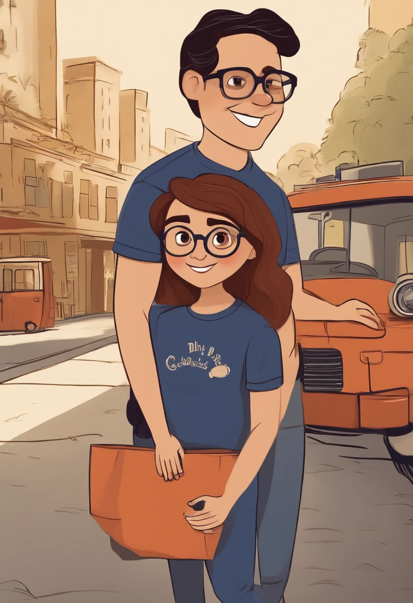 Pixar. Casal com uma filhote de cadela preta e branca. A menina tem os cabelos castanhos, Camiseta azul e jeans claro, Slim Round Glasses. O menino de cabelos pretos com cabelo preto e baixo, barba , black glasses, Dark blue jeans and green t-shirt. They are both smiling and are 30 years old