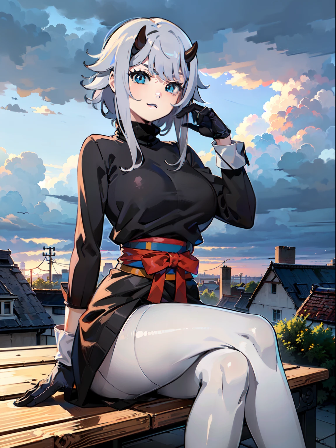 masterpiece, best quality, extremely detailed, 1girl, mature female, solo, shizuka, (gigantic breasts:1.2), (((grey hair, long hair, blue eyes))), parted lips, (((turtleneck sweater, long sleeves, black gloves, medium black skirt, white pantyhose))), ((light smile), closed mouth), ((sitting on the bench, rooftop, storm clouds))