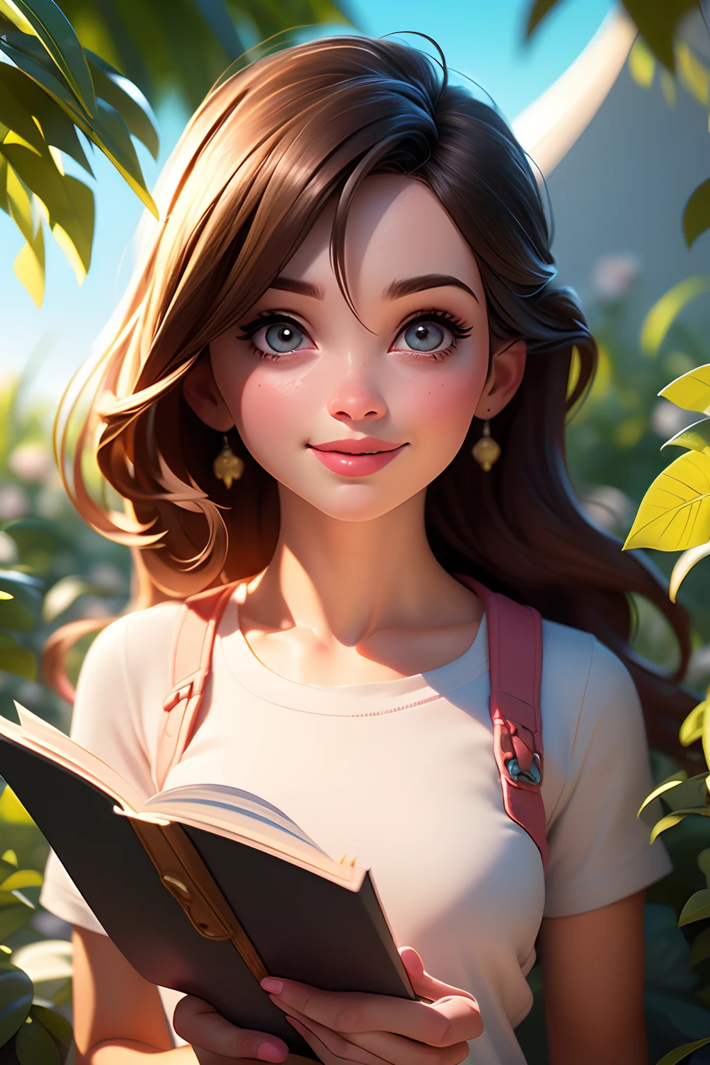 (best quality, 4k, 8k, Altas, master part:1.2), ultra-detalhado, (Realistic, fotorrealista, photo-realistic:1.37), frisky, Cartoon, garota, sorriso bonito, ao ar livre, 3D rendering, belos olhos detalhados, beautiful detailed lips, olhos e rosto extremamente detalhados, long eyeslashes, Coloridos, soft lighting, summer scenery, Grama Verde, atmosfera animada