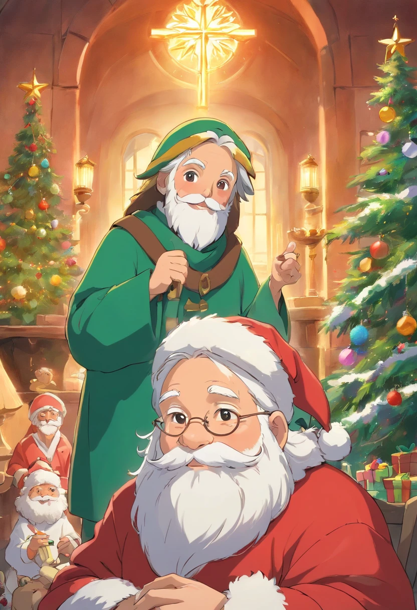 Papai Noel simples e plano tendo um encontro com Jesus. Papai Noel de joelhos adorando Jesus