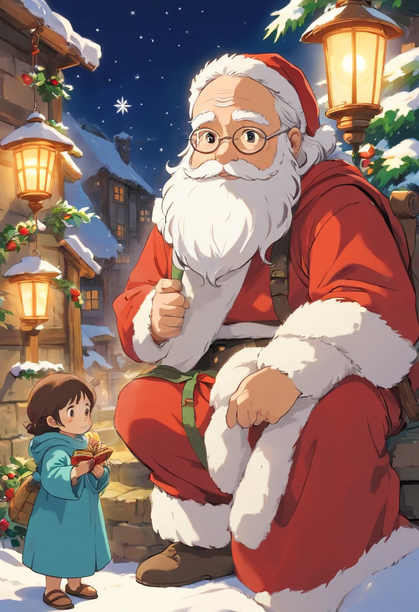 Papai Noel simples e plano tendo um encontro com Jesus. Papai Noel de joelhos adorando Jesus