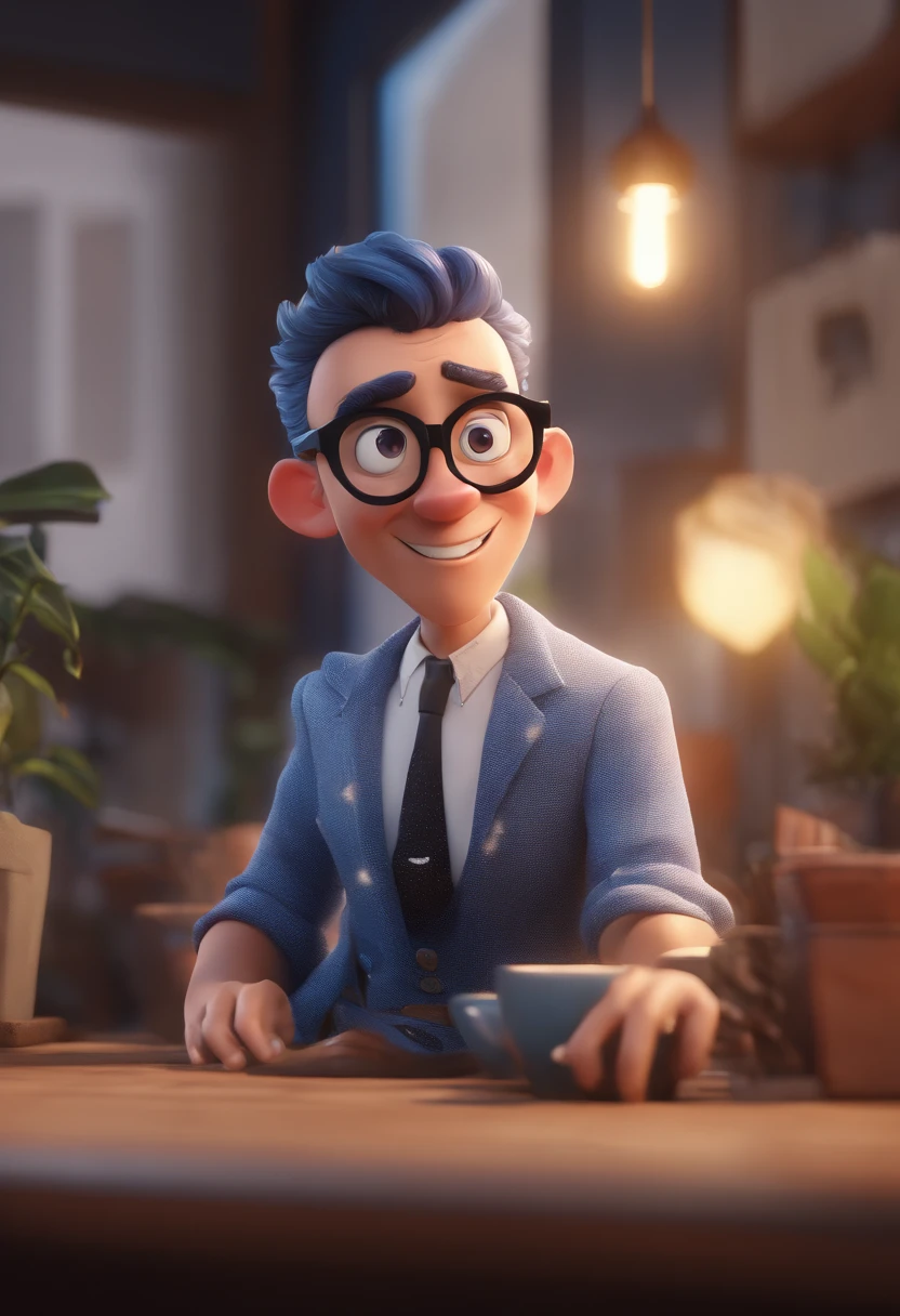 Cartoon character of a man with black glasses and a blue shirt, animation character, Caractere estilizado, animation style rendering, 3D estilizado, Arnold Maya render, 3 d render stylized, toon render keyshot, Personagem 3D, Personagem 3D, 3d rendering stylized, 3 d character render, personagem de desenho animado, Personagem de close up, Pose de personagem, (Estilo Pixar) (master part:1.2) (Bokeh) (best quality) (pele detalhada) (textura detalhada) (8k) (argila) (Cinematic lighting) (foco nítido