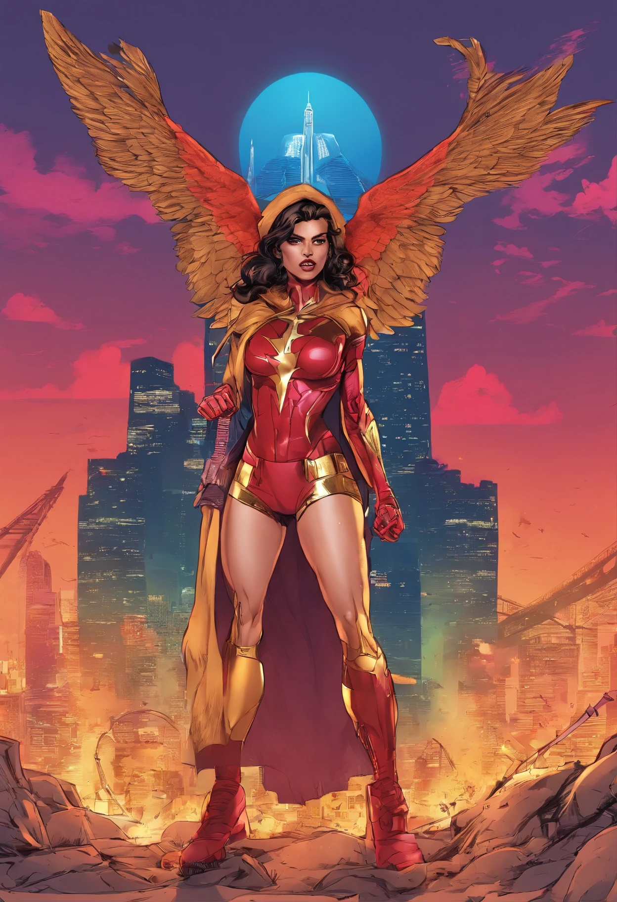 (mulher-maravilha,supeoutfit),belos olhos detalhados,beautiful detailed lips,long eyeslashes,confiante,forte,atletic,corpo,heroine,cabo,indomitable,superstrength,voador,Capacitar,feroz,Superheroíne,corajoso,Tiara dourada,Pose forte,saia azul,Top vermelho e dourado,cores vibrantes,Comic book style,desenho a tinta digital,sombra e luz,heroic,escudo,Super poderes,Postura forte,vigilante,fundo da paisagem urbana,action-packed,parafusos de energia,iconic,velocidade sobre-humana,Inspirador,Poderoso,best quality,ultra-detalhado,fotorrealista,vivid colors