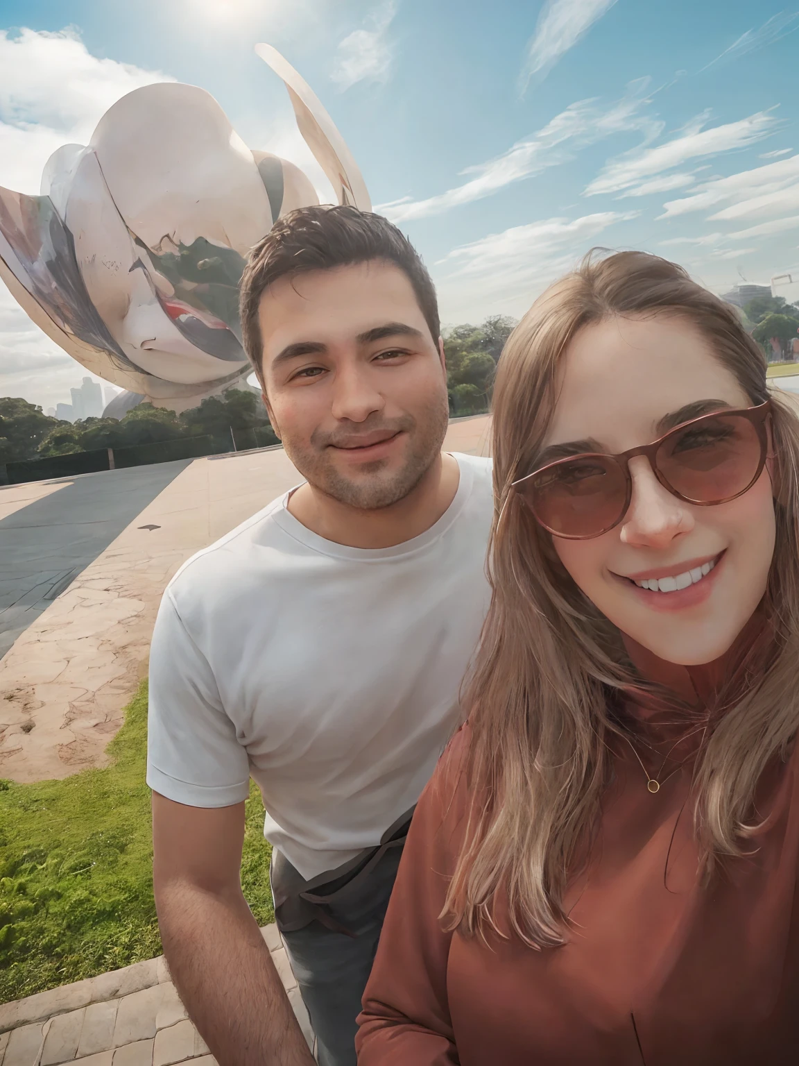 There is a man and a woman taking a selfie in front of a sculpture, Parque em segundo plano, Fotografia selfie 8k, com um parque ao fundo, vacation photo, Assumido em Go Pro Hero8, with a big head, em um parque, Foto realista, selfie shot straight on angle, no parque em um belo dia, In Sao Paulo