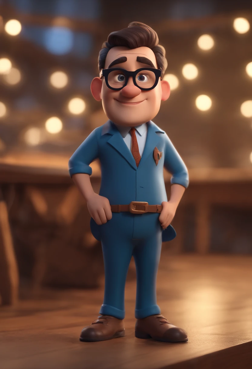 Cartoon character of a man wearing black glasses and a blue shirt, um personagem animado, Caractere estilizado, animation style rendering, 3D estilizado, Arnold Maya render, 3 d render stylized, toon render keyshot, Personagem 3D, Personagem 3D, 3d rendering stylized, 3 d character render, personagem de desenho animado, Personagem de close up, Pose de personagem, (Estilo Pixar) (master part:1.2) (Bokeh) (best quality) (pele detalhada) (textura detalhada) (8k) (argila) (Cinematic lighting) (foco nítido,Senta e vaza a parte superior do corpo