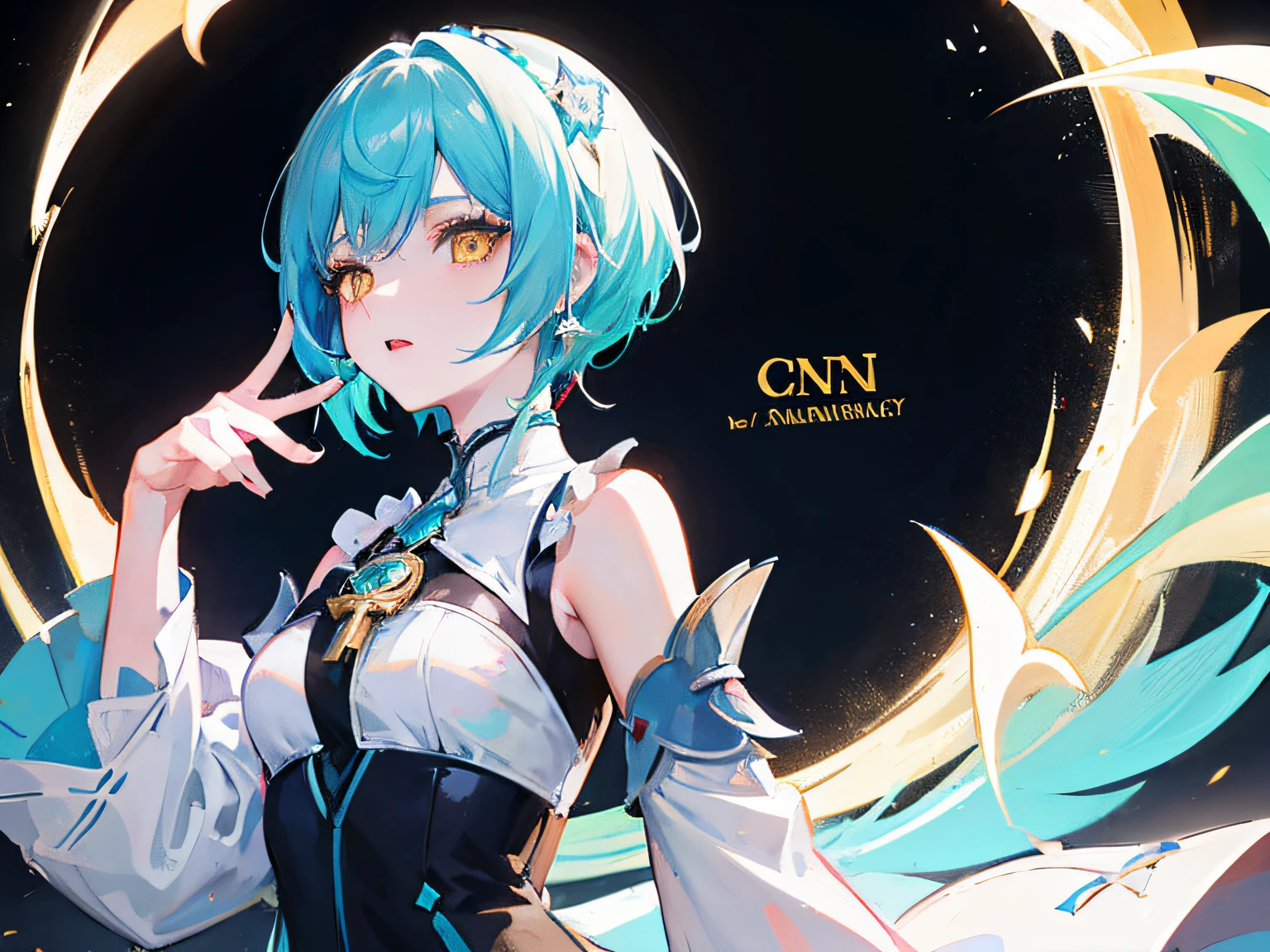 anime - style image of a woman with blue hair and a white dress, Best anime 4k konachan wallpaper, Portrait Chevaliers du Zodiaque Fille, Keqing from Genshin Impact, Genshin impact's character, Anime art wallpaper 4 K, Anime art wallpaper 4k, Kushatt Krenz Key Art Women, Detailed key anime art, Genshin, Genshin avatar, ((full bodyesbian)), (A woman with short cyan hair and yellow eyes:1.4), highly_Detailed, illustration, Portrait, (((Masterpiece))),(((best qualtiy))), (black_Background:1.4), Simple_Background, Highly complex accessories, Highly complex clothes, White dress, Golden decoration, lightblue hair, Bright color, Earrings, Armor, Shoulder armor, shairband, Fear expression