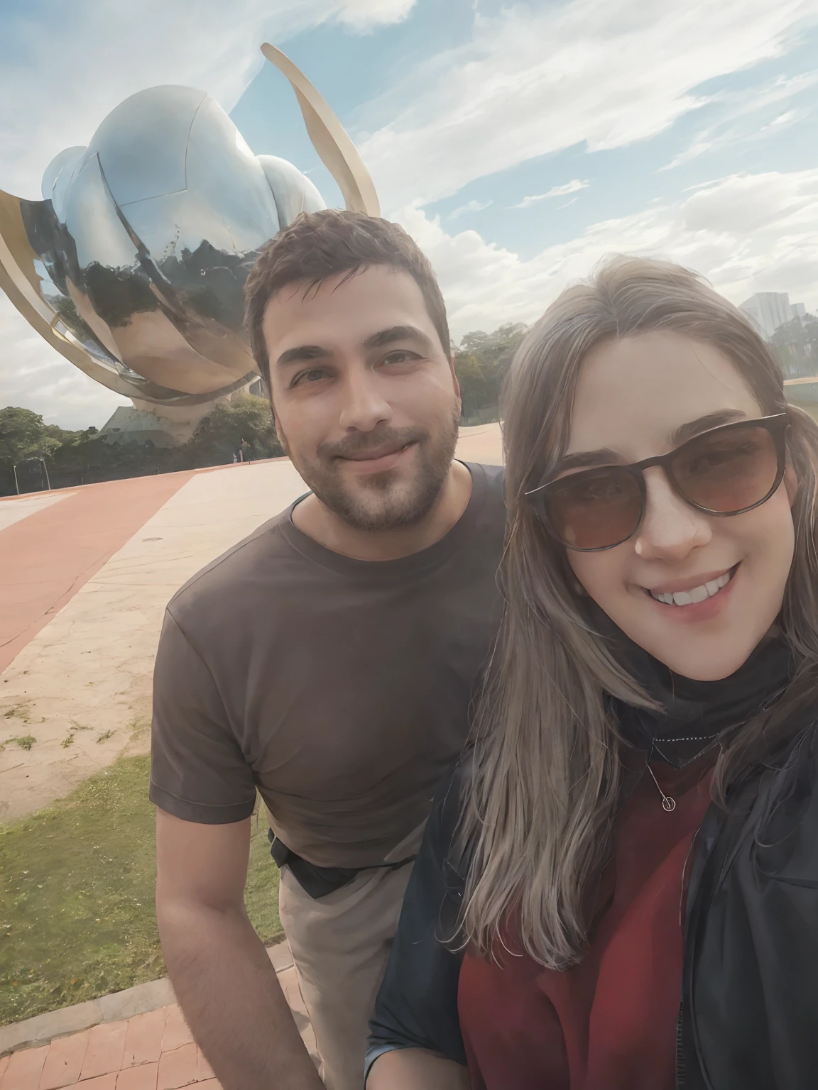 There is a man and a woman taking a selfie in front of a sculpture, Parque em segundo plano, Fotografia selfie 8k, com um parque ao fundo, vacation photo, Assumido em Go Pro Hero8, with a big head, em um parque, Foto realista, selfie shot straight on angle, no parque em um belo dia, In Sao Paulo