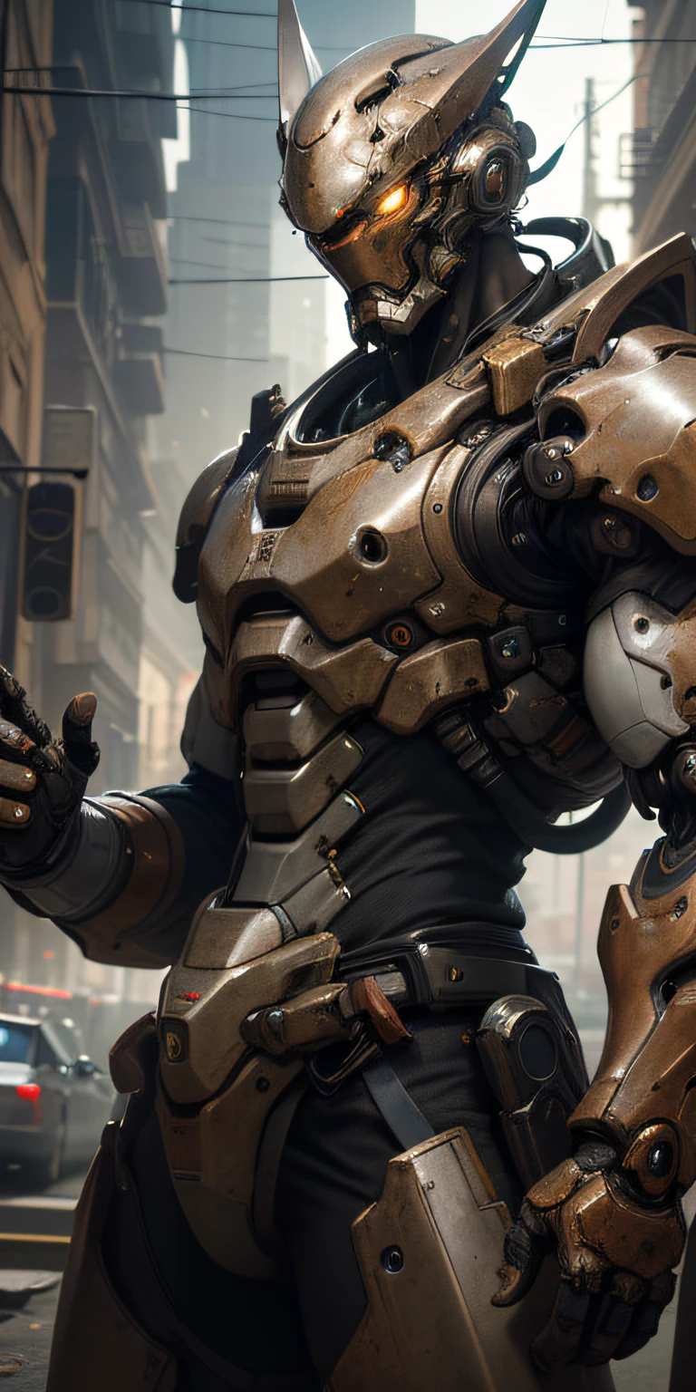 Portrait photo of an alpha male, perfect eyes, in a worn mecha suit, intricate, (steel metal [rust]), elegant, sharp focus, photo by greg rutkowski, soft lighting, vibrant colors, masterpiece, ((streets)), cowboy shot, dynamic pose,